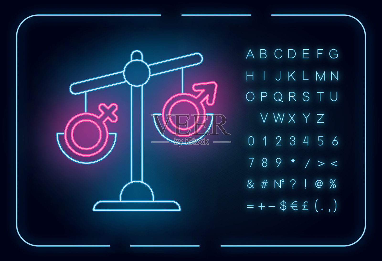 激素失衡霓虹灯图标。女性和男性的性别标记。睾酮和雌激素失调有字母、数字和符号的发光符号。向量孤立的插图插画图片素材