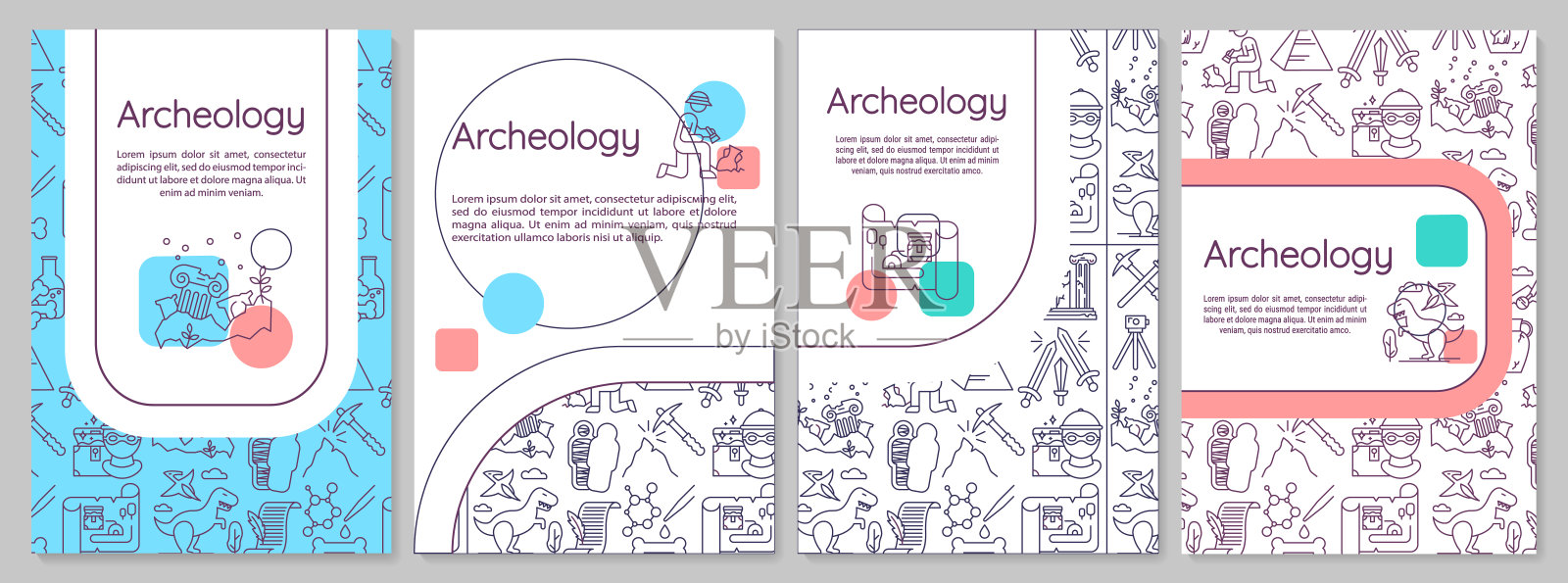 考古学手册模板。古生物学和历史。传单，小册子，传单印刷，封面设计与线性图标。矢量页面布局杂志，年度报告，广告海报插画图片素材