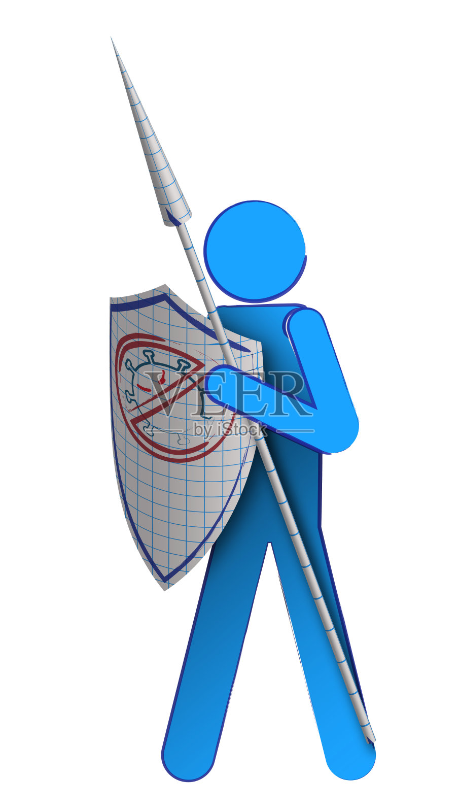防范新冠肺炎，防范感染风险。这个男人，医生手里拿着一个骑士的盾牌和矛来抵御病毒病原体插画图片素材