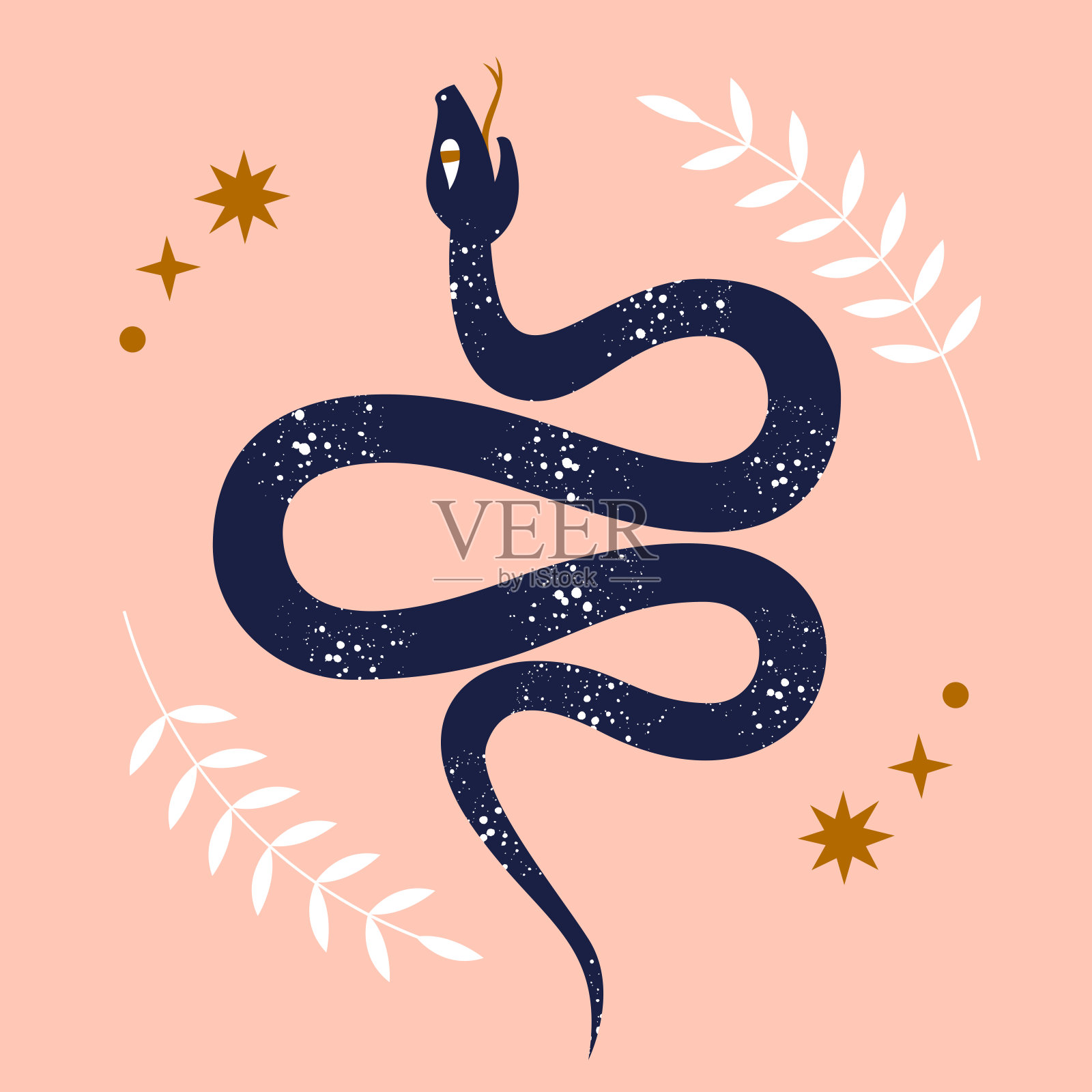 现代抽象艺术版画与可爱的蛇，热带树枝，星星。放荡不羁的风格。宇宙简约的场景。孤立的元素。彩色剪贴画图像。魔术、神秘、深奥的概念。插画图片素材