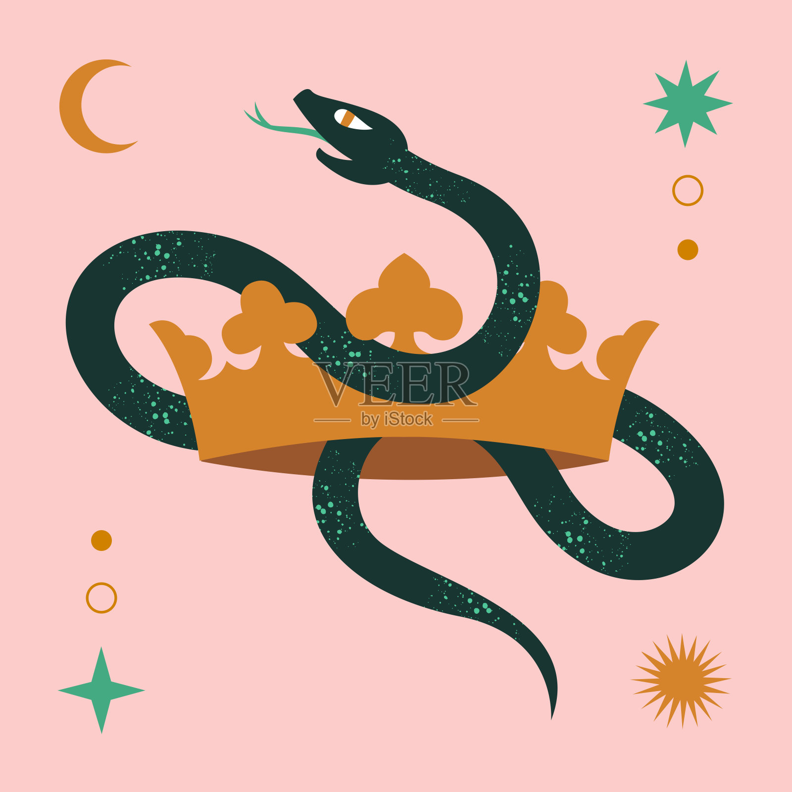 现代抽象艺术版画可爱的蛇，金色的皇冠，新月，星星。放荡不羁的风格。宇宙简约的场景。孤立的元素。彩色剪贴画图像。魔术、神秘、深奥的概念。插画图片素材