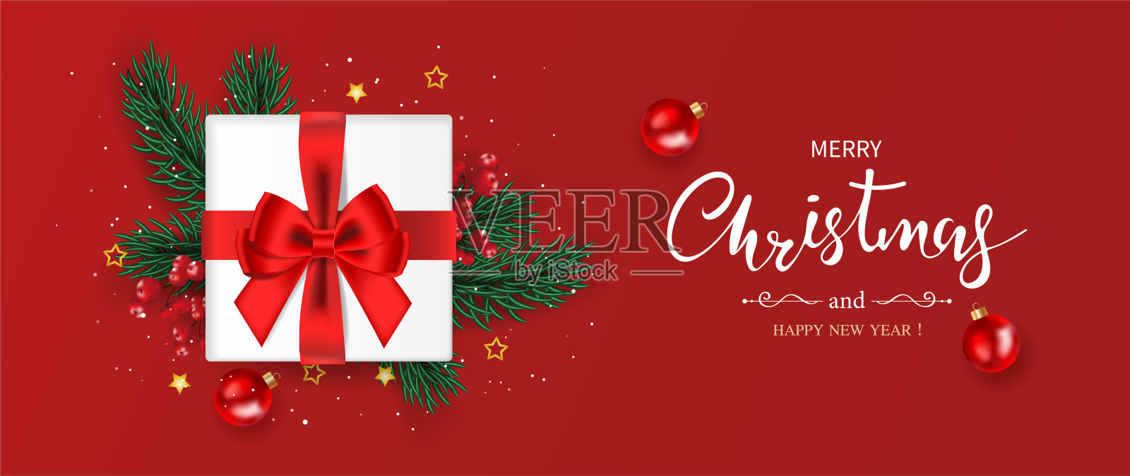圣诞快乐，新年快乐。礼盒，绿色的松枝，星星，冬青浆果，和圣诞球装饰在红色的背景。前视图。矢量插图。设计模板素材