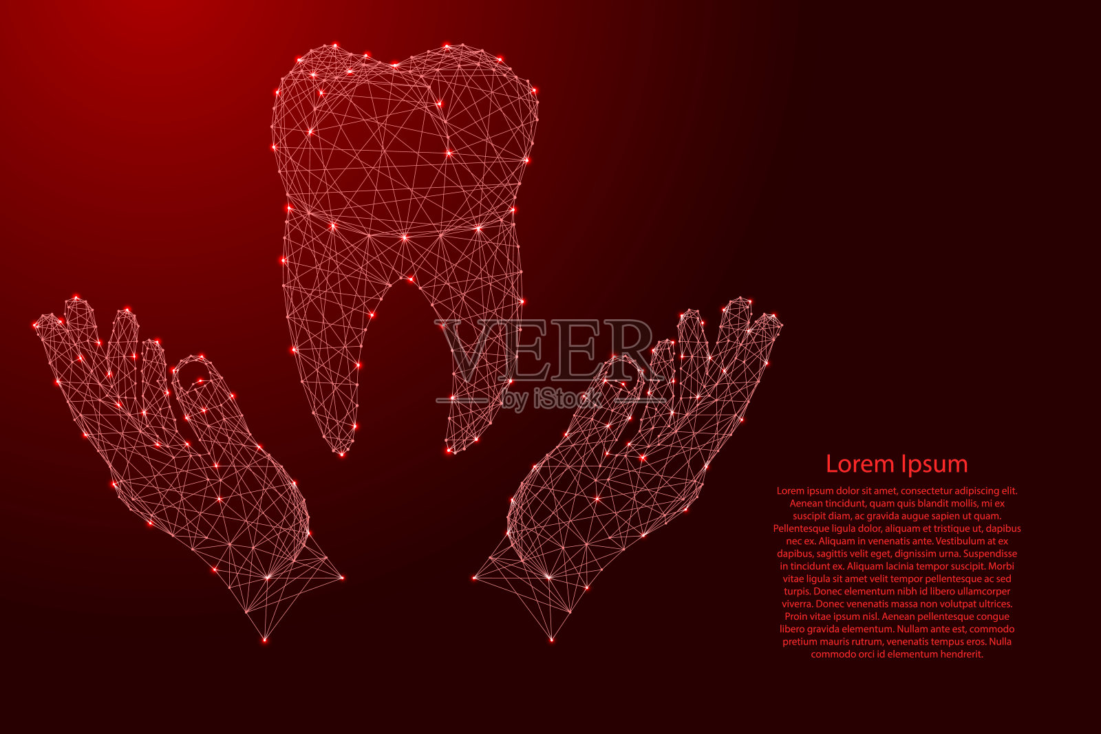 牙齿人类的根和两个握住，保护手从未来的多边形红线和发光的星星横幅，海报，贺卡。矢量插图。插画图片素材