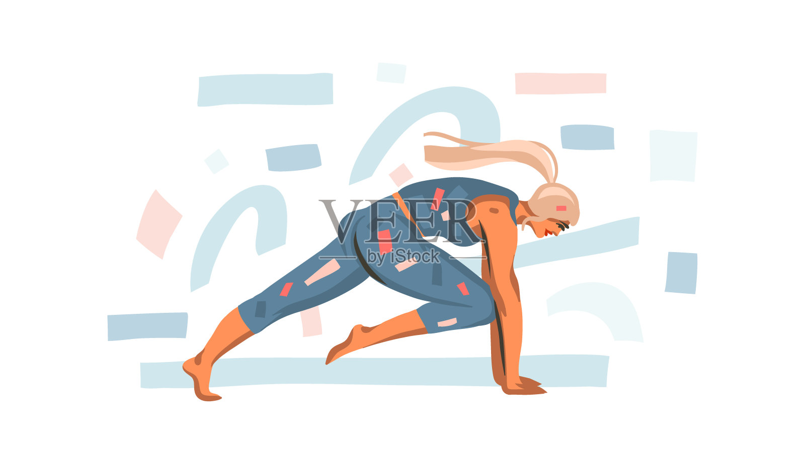 手绘矢量抽象股票图形插图与年轻快乐女性培训在家孤立在白色的背景插画图片素材