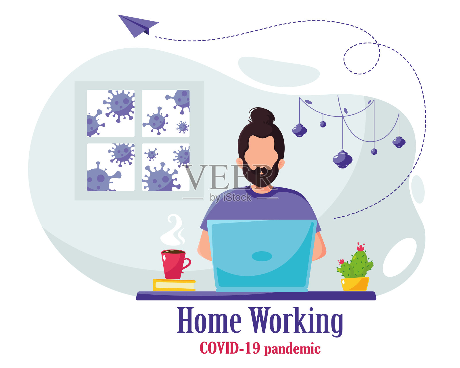 一个男人在家工作。冠状病毒爆发期间的内政部概念。矢量插图在一个平坦的风格。插画图片素材