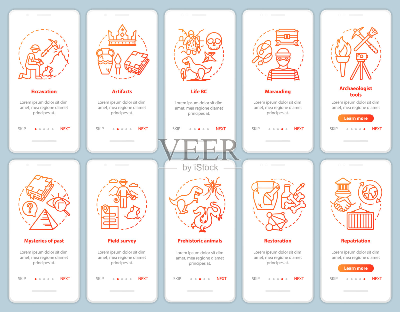 考古登陆手机应用页面屏幕矢量模板集。搜寻和保护化石文物。用线性插图演练网站步骤。UX, UI, GUI智能手机界面概念设计模板素材
