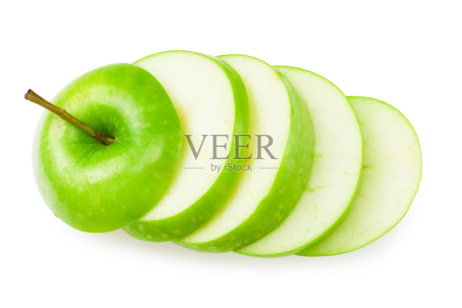 一片绿苹果孤立在白色的背景上。俯视图照片摄影图片