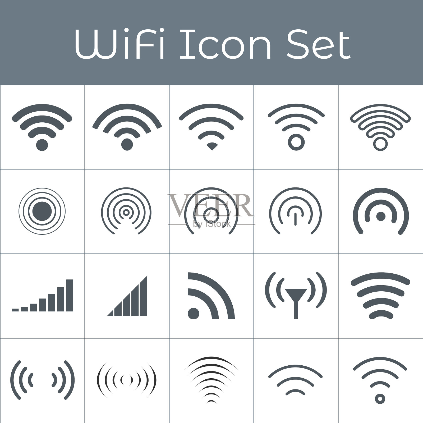 设置20个不同的灰色无线和wifi图标图标素材