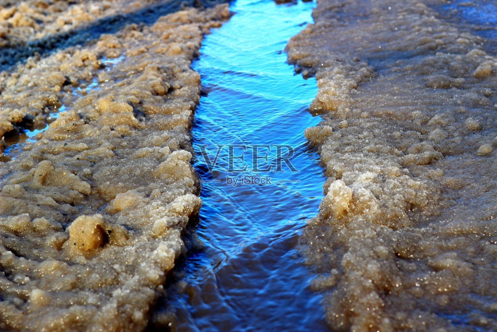 春天，铺着沥青的街道上融化的积雪。春天的泥浆。地面上覆盖着融化的雪。人行道上的雪。照片摄影图片