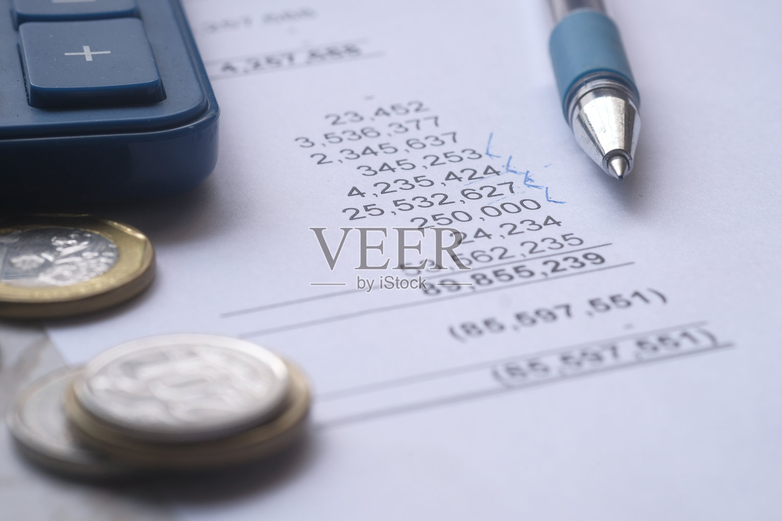 特写的会计数字，笔和硬币在纸上照片摄影图片