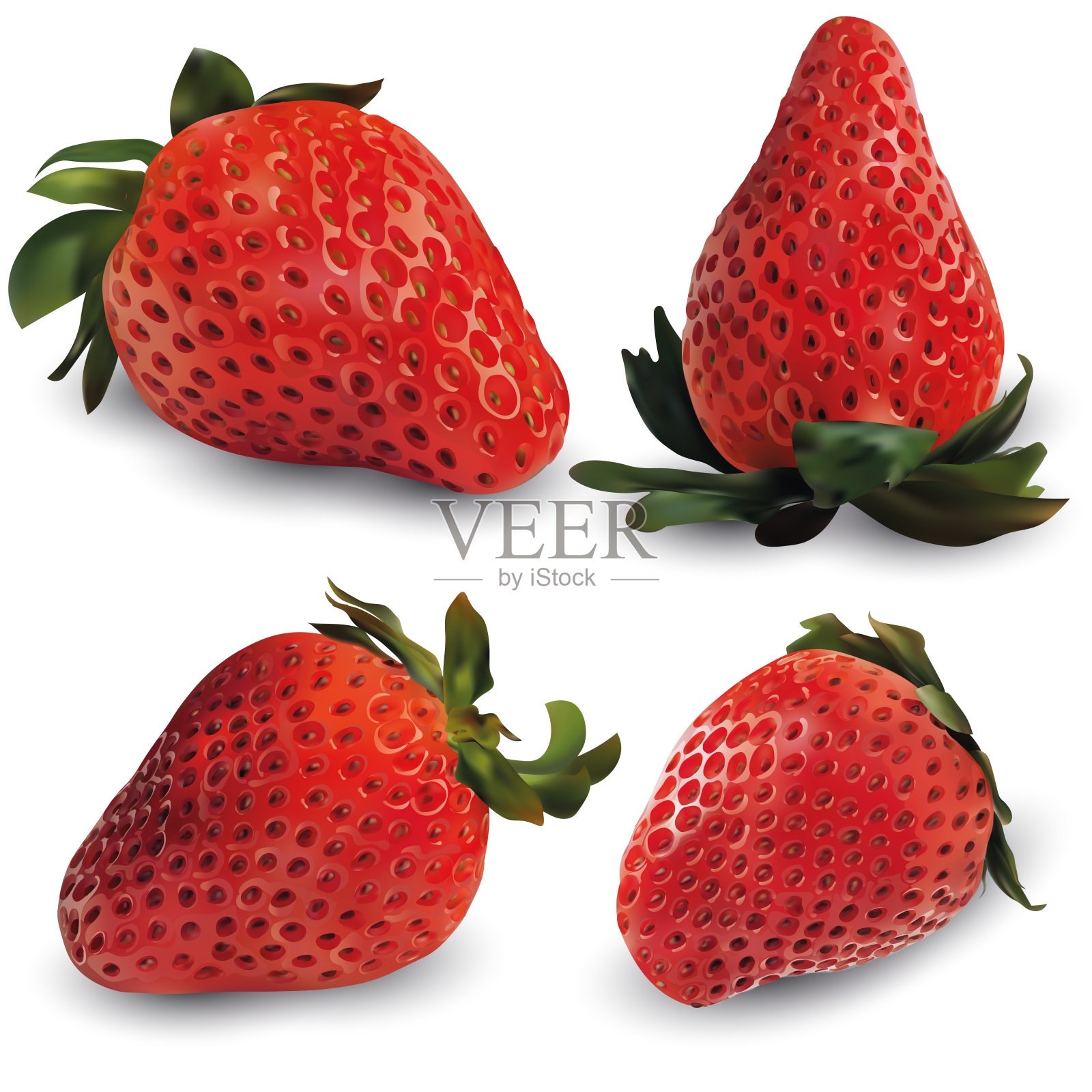 将成熟的草莓与绿叶分开放置在白色背景上。自然的产品。草莓浆果富含维生素。3 d演示。插画图片素材