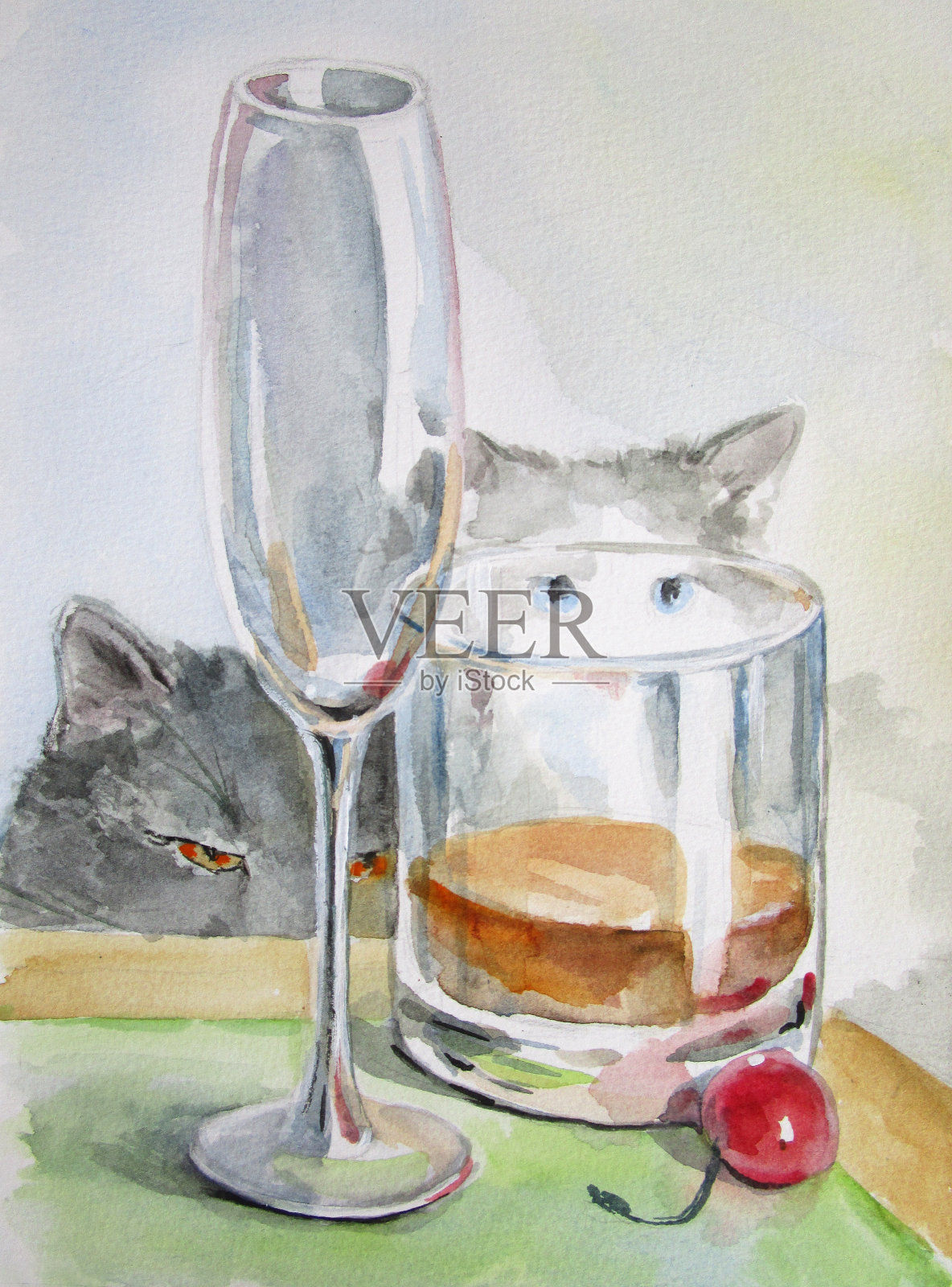 厨房里两只拿着酒杯的猫。插画图片素材