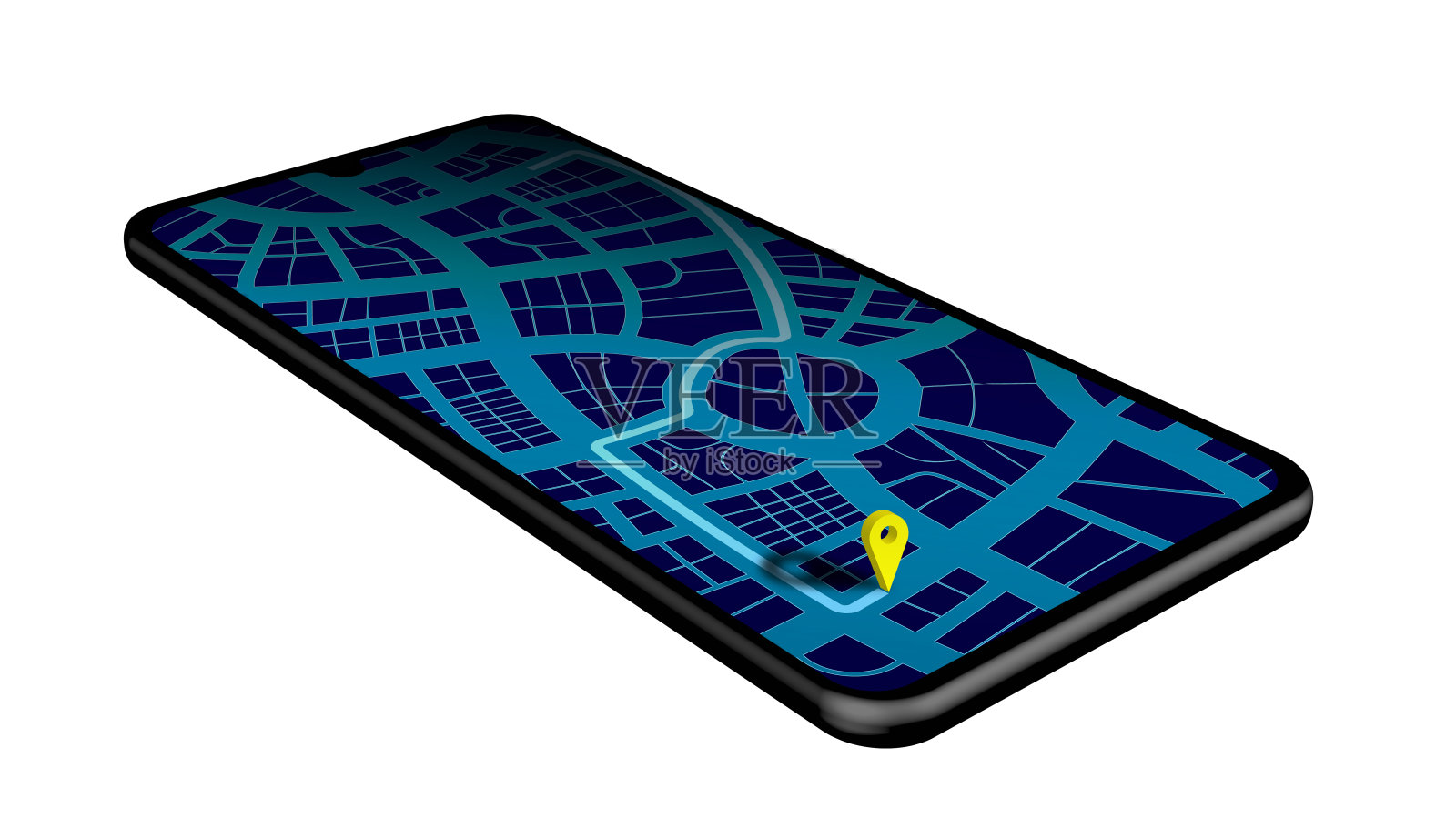 手机应用页面深蓝色布局设计。GPS导航。高度详细的现实智能手机与城市地图，检查站和出租车路线。白色上的矢量插画图片素材