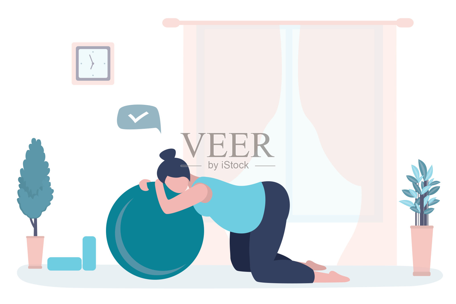 疲惫的孕妇在做运动后用健身球。健身在怀孕期间。保健和运动理念。插画图片素材