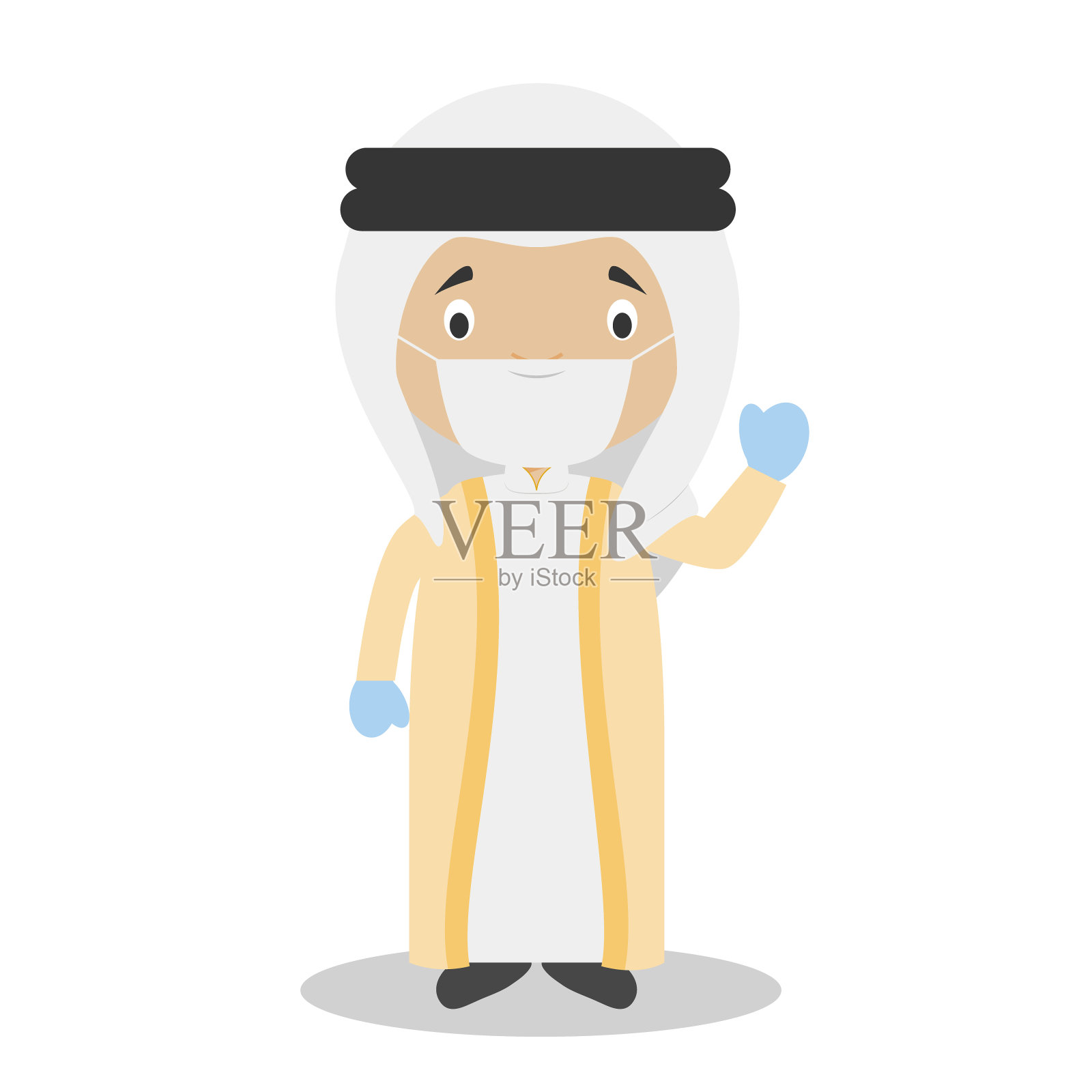 来自阿拉伯联合酋长国的人物穿着传统的方式和外科口罩和乳胶手套，以防止卫生紧急情况插画图片素材