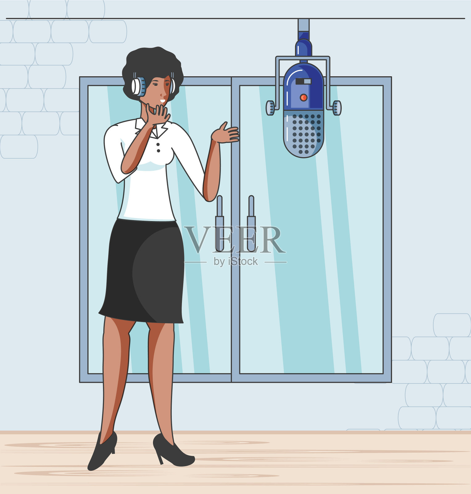 带着耳机和麦克风的可爱年轻女人插画图片素材