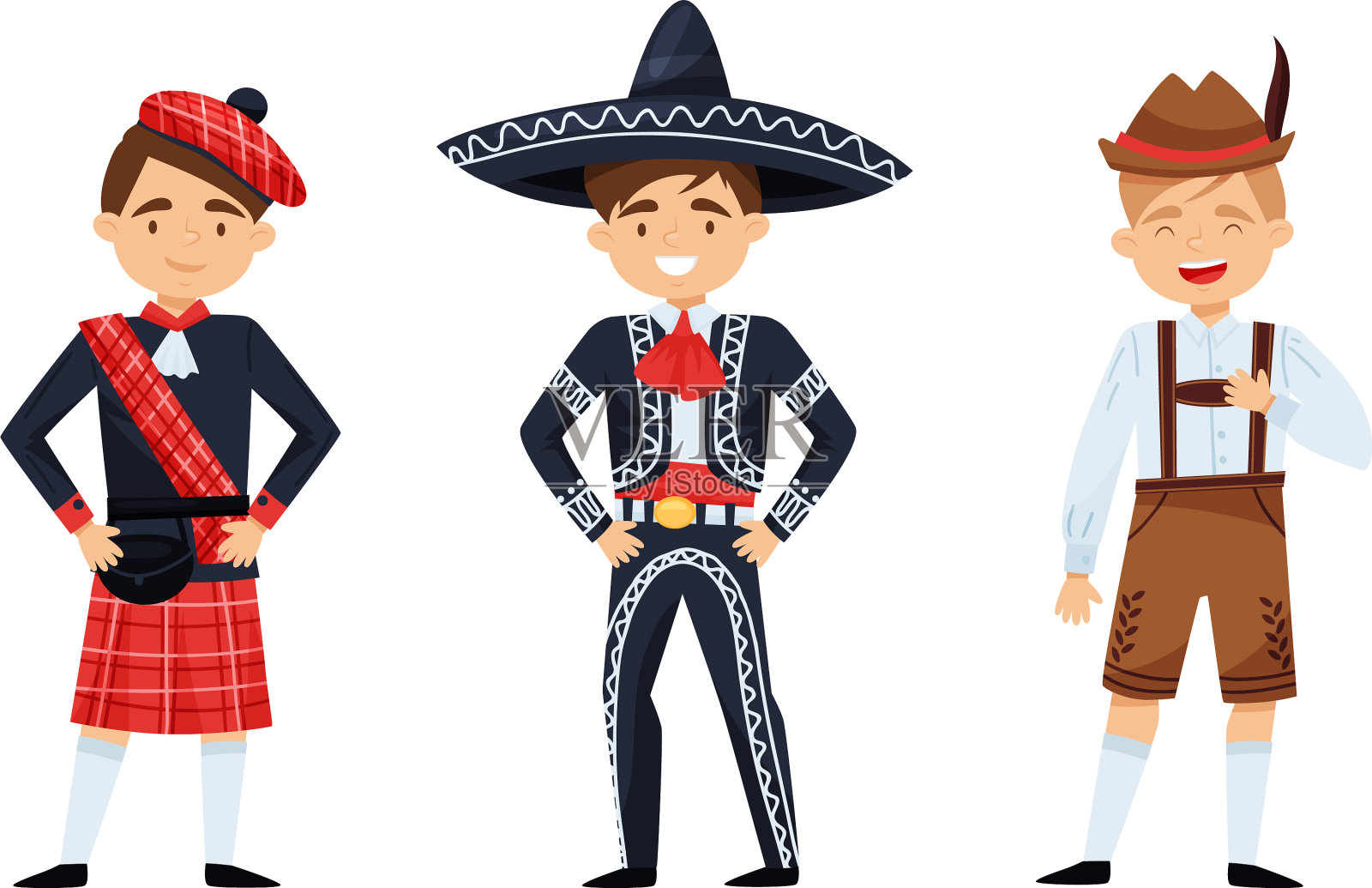 孩子们穿着传统服装站着，微笑着插画图片素材