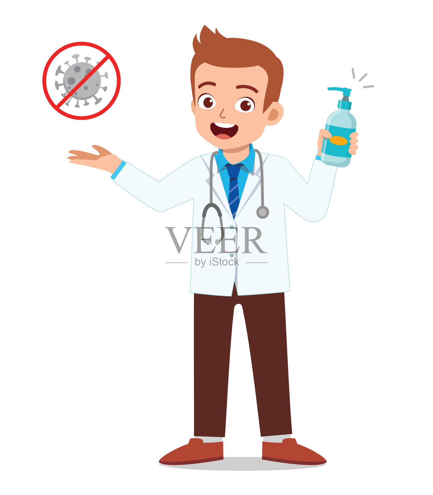 年轻医生拿着洗手液警告病毒插画图片素材