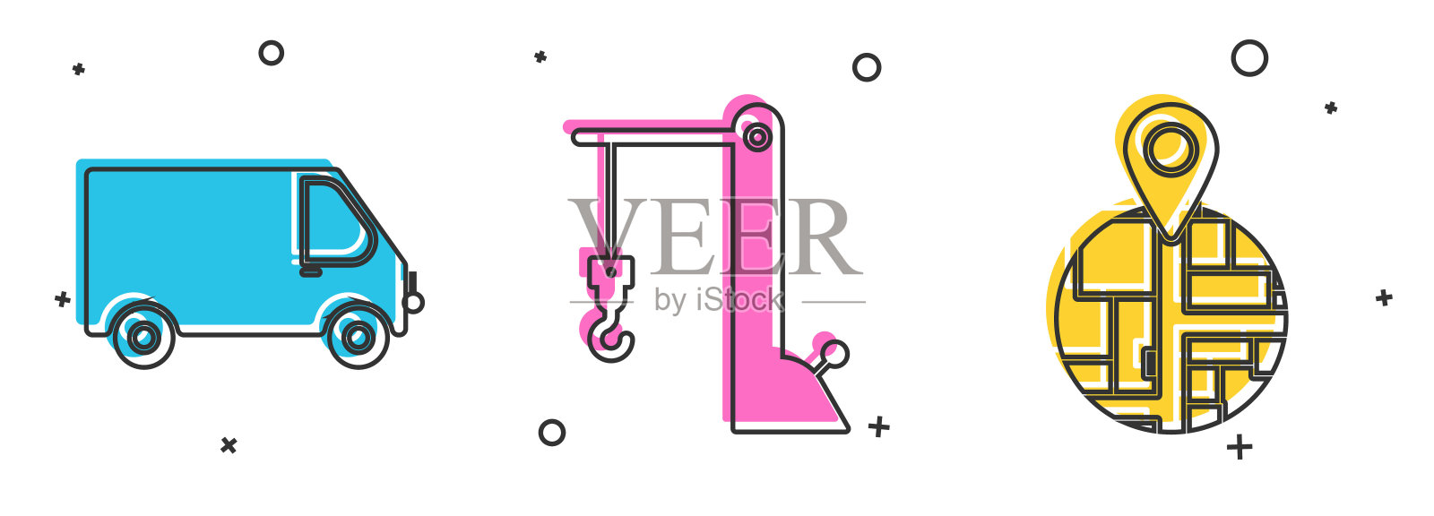 在地图上的透视图标中设置货运卡车车辆，港口起重机和占位符。向量插画图片素材