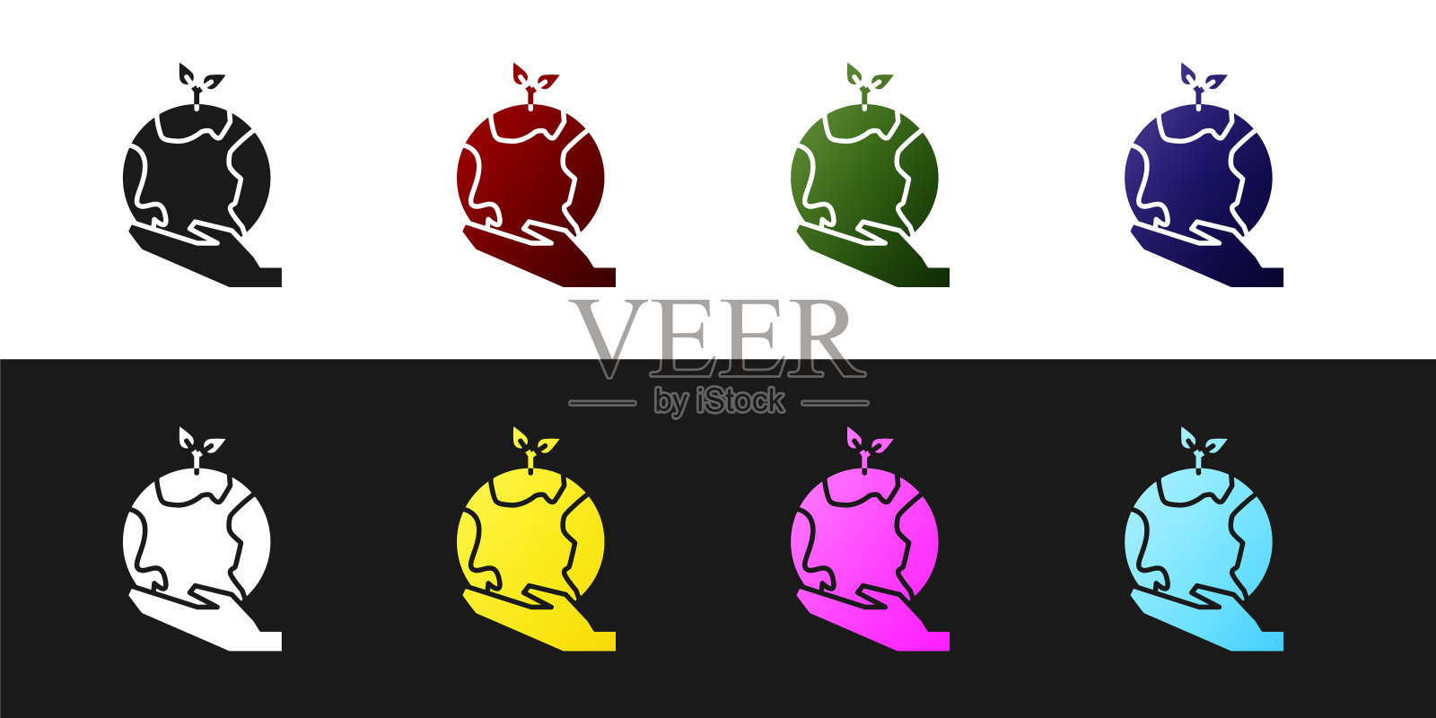 设置人类手握地球地球仪图标孤立的黑白背景。拯救地球的概念。矢量图插画图片素材