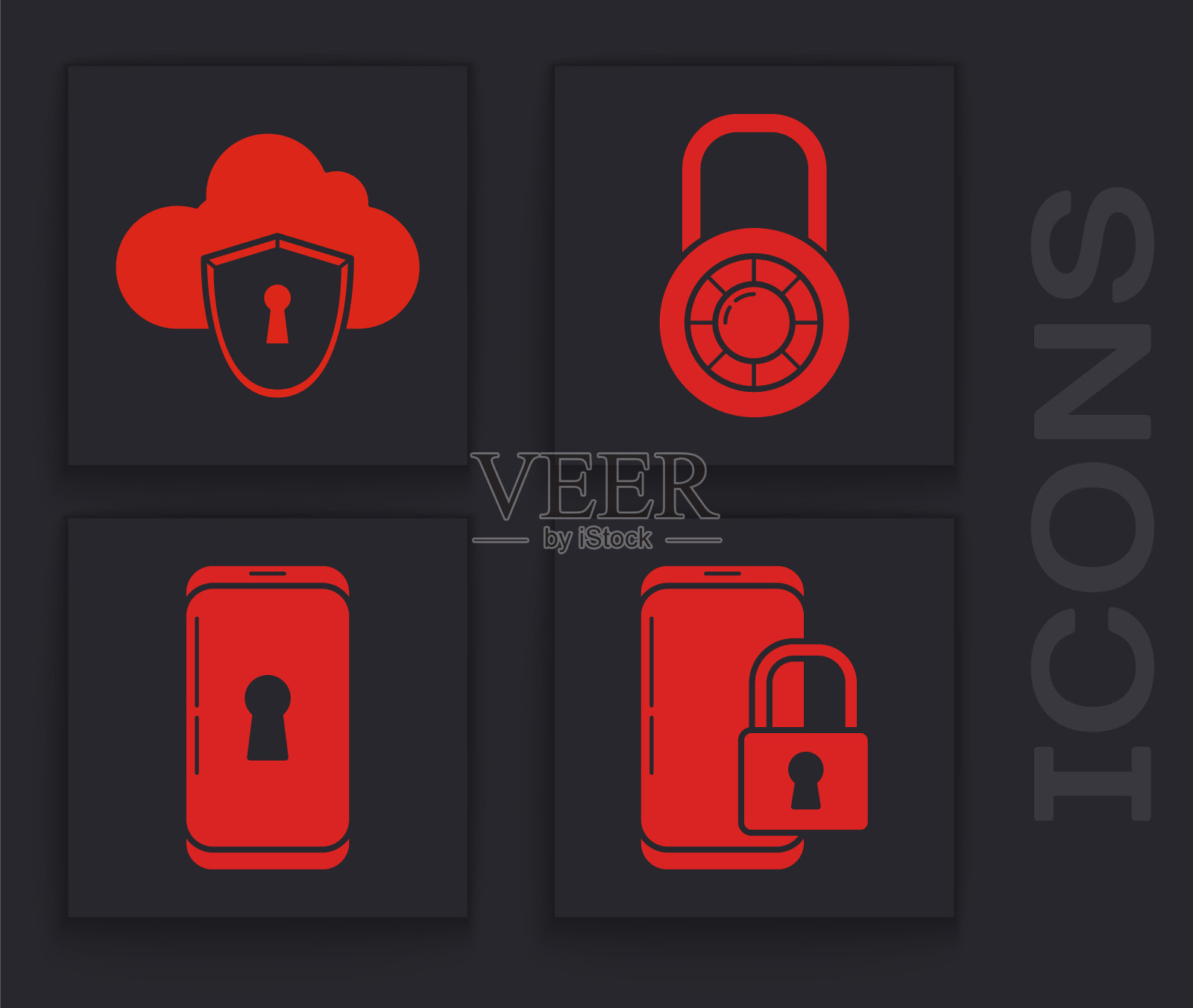 将智能手机设置为封闭式挂锁，云和盾牌，安全组合锁轮和智能手机的锁图标。向量图标素材