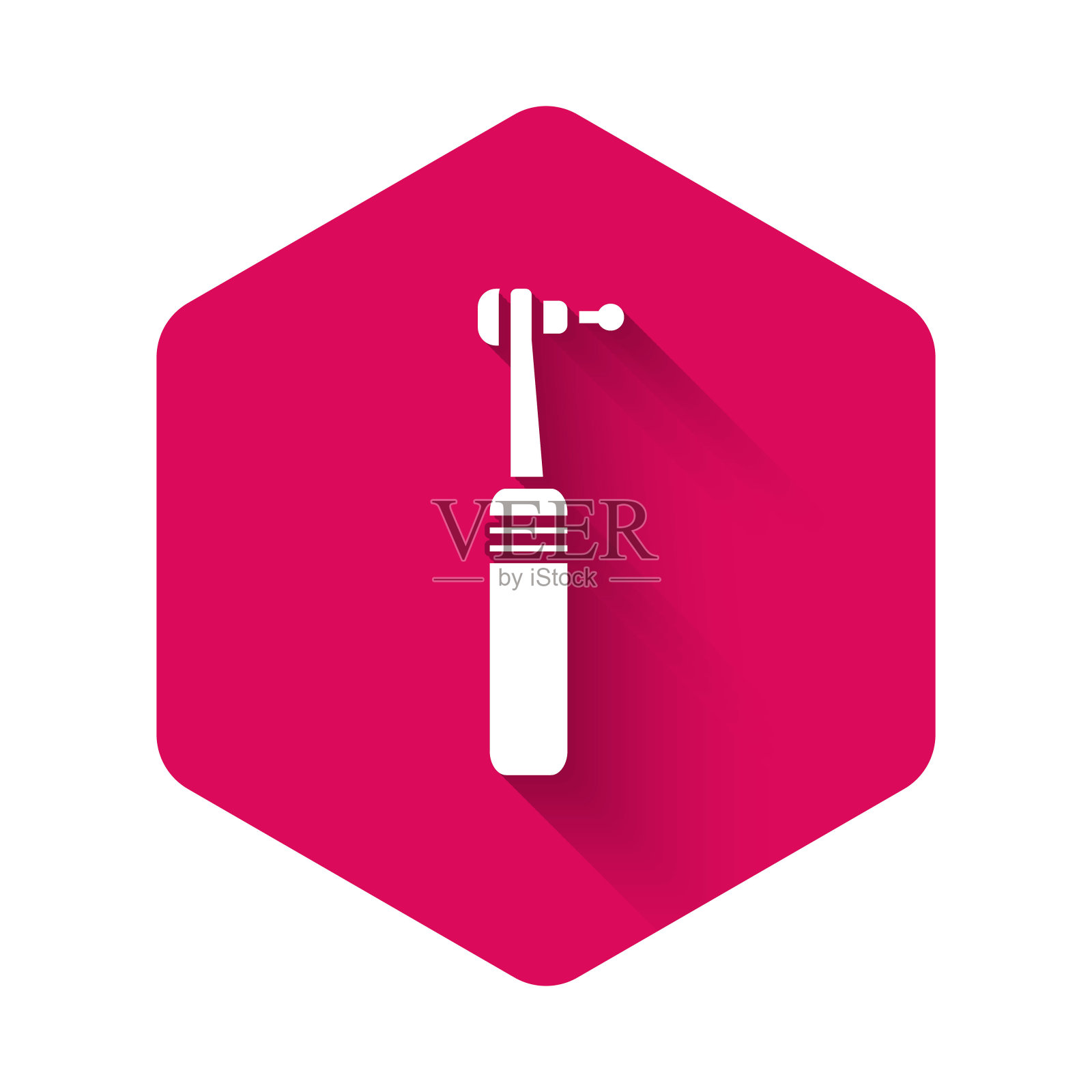 白牙钻图标孤立与长影子。牙科手机，用于钻孔和研磨工具。医疗器械。粉红色的六角按钮。矢量图设计元素图片