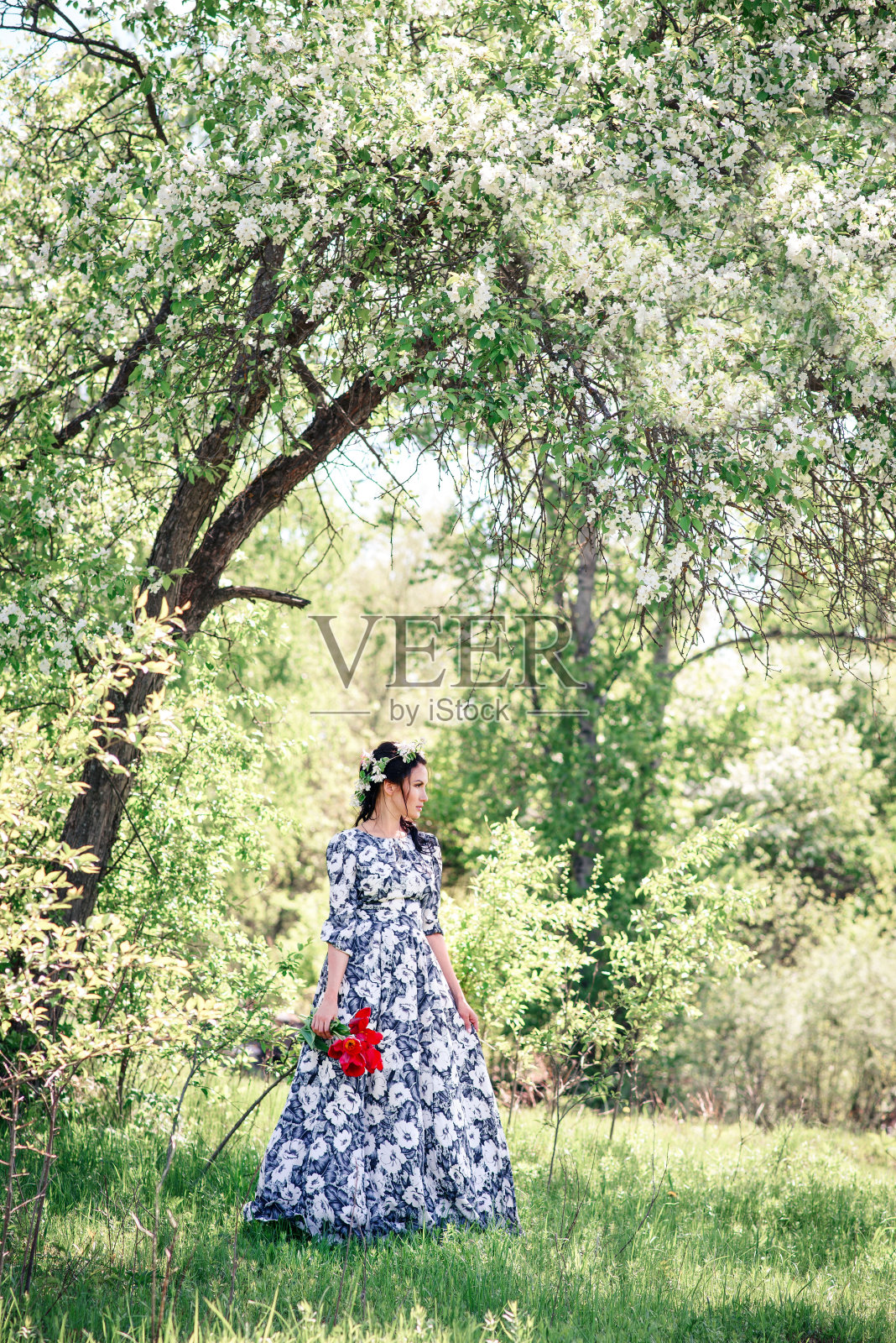 一个夏天的女孩穿着漂亮的衣服，戴着花环和红色的郁金香，在一个阳光明媚的日子里走在森林里照片摄影图片