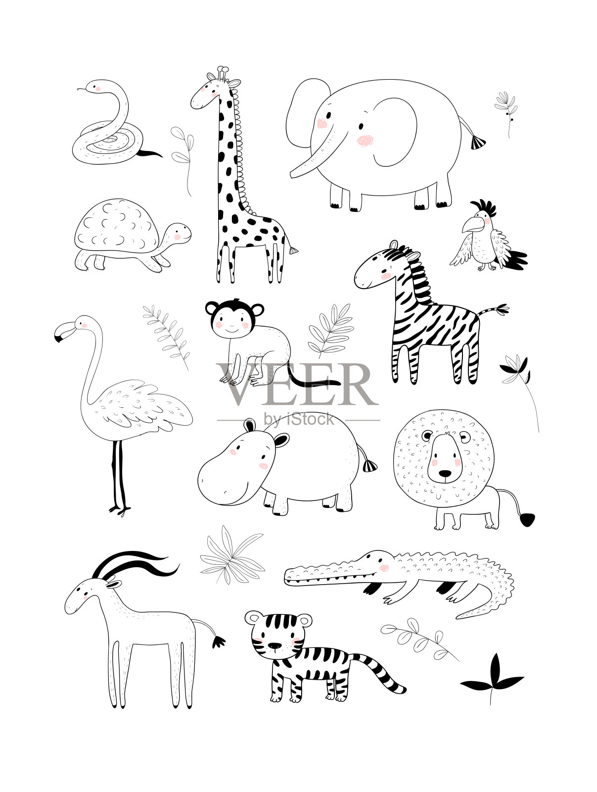 非洲动物。可爱的卡通狮子和老虎，大象和斑马，猴子和鹦鹉。有趣的动物园插画图片素材