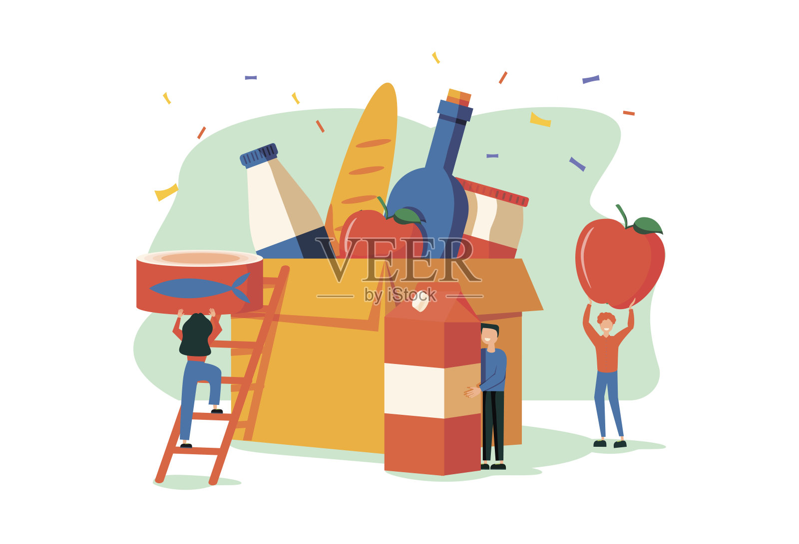 微小的人填充纸板捐赠箱与不同的食物和产品帮助穷人在避难所，支持社会关怀，志愿服务和慈善的概念。卡通平面矢量插图插画图片素材