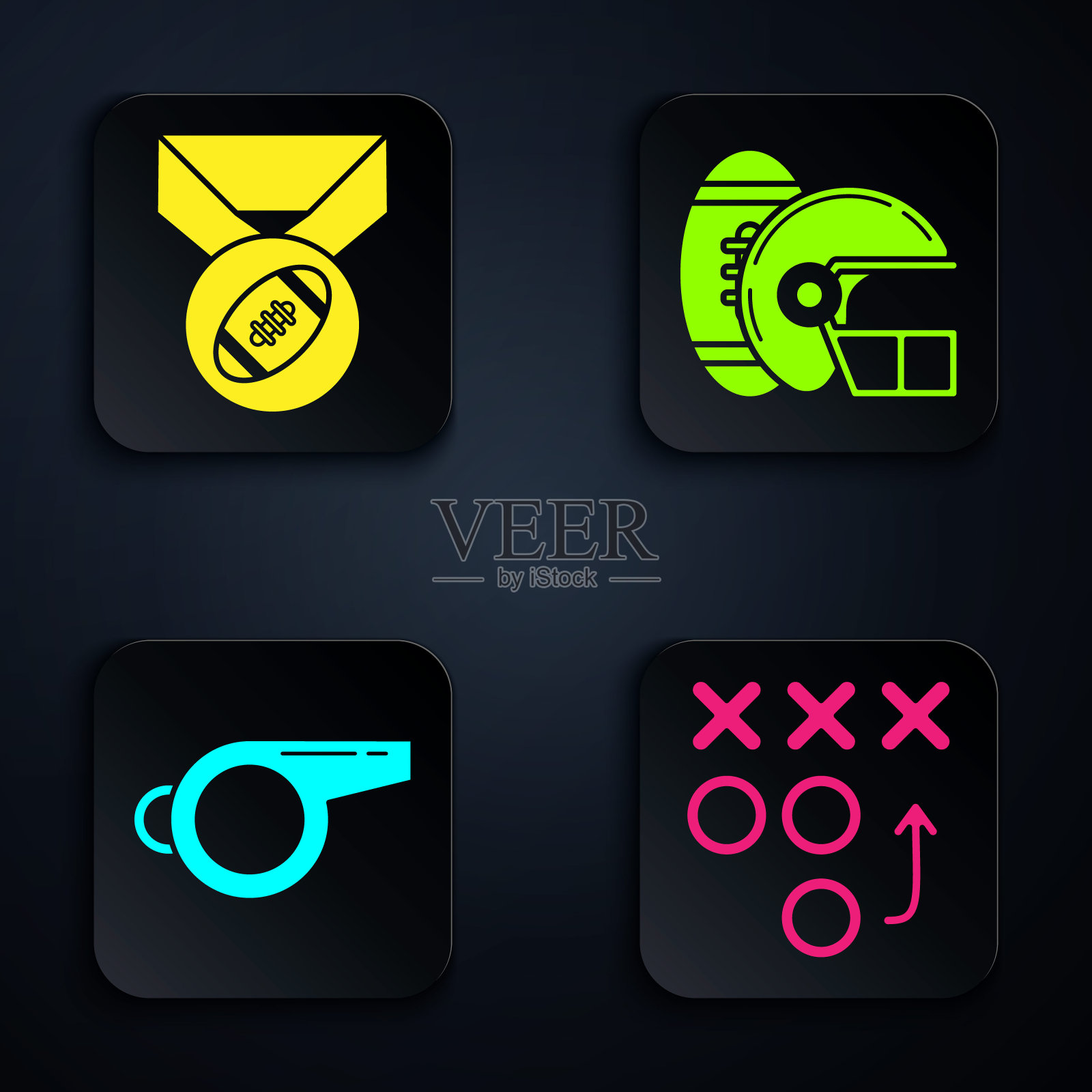 制定规划战略理念，美式足球带奖牌、哨子、美式足球和头盔。黑色方形按钮。向量图标素材