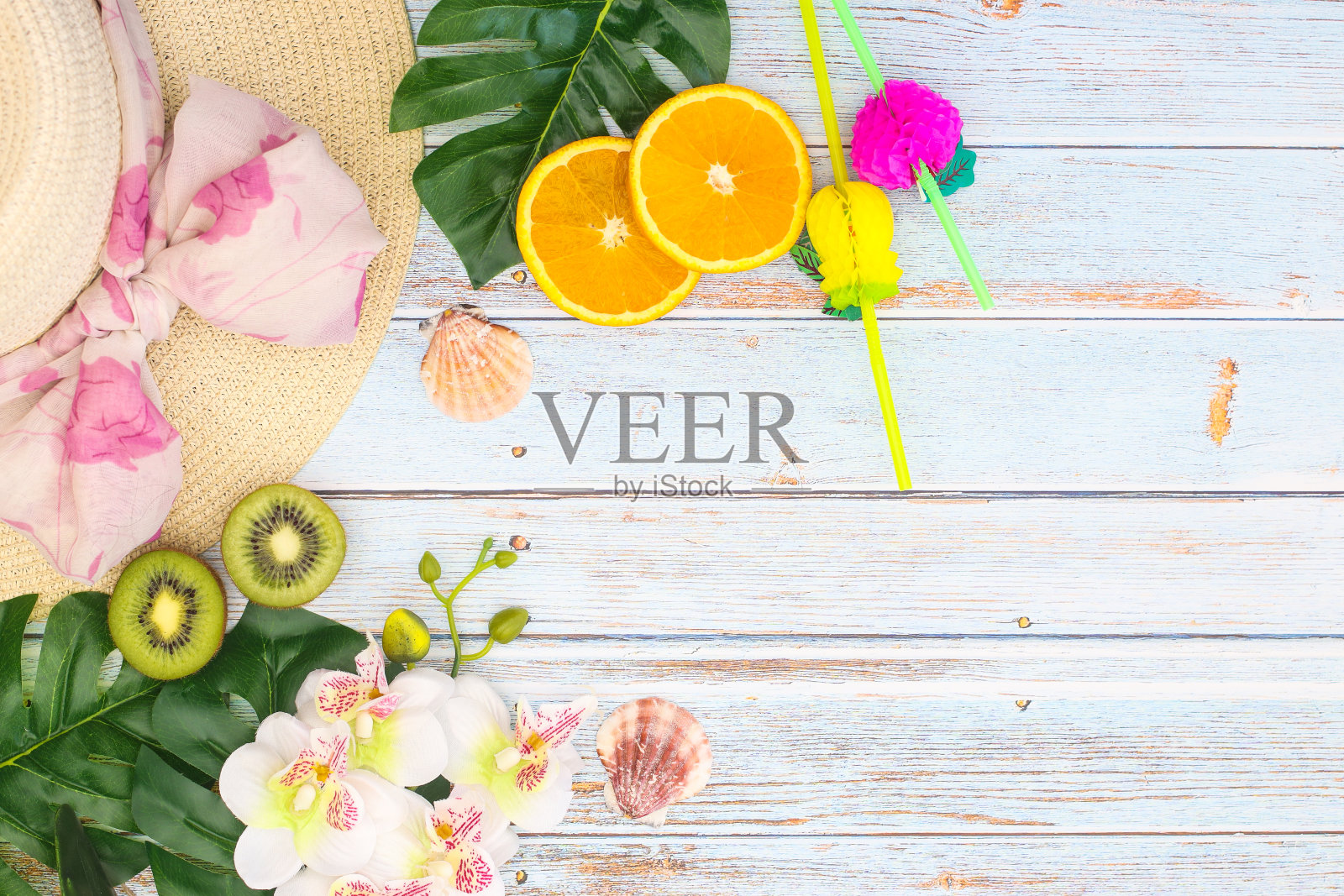 暑假概念与树叶和切片水果照片摄影图片