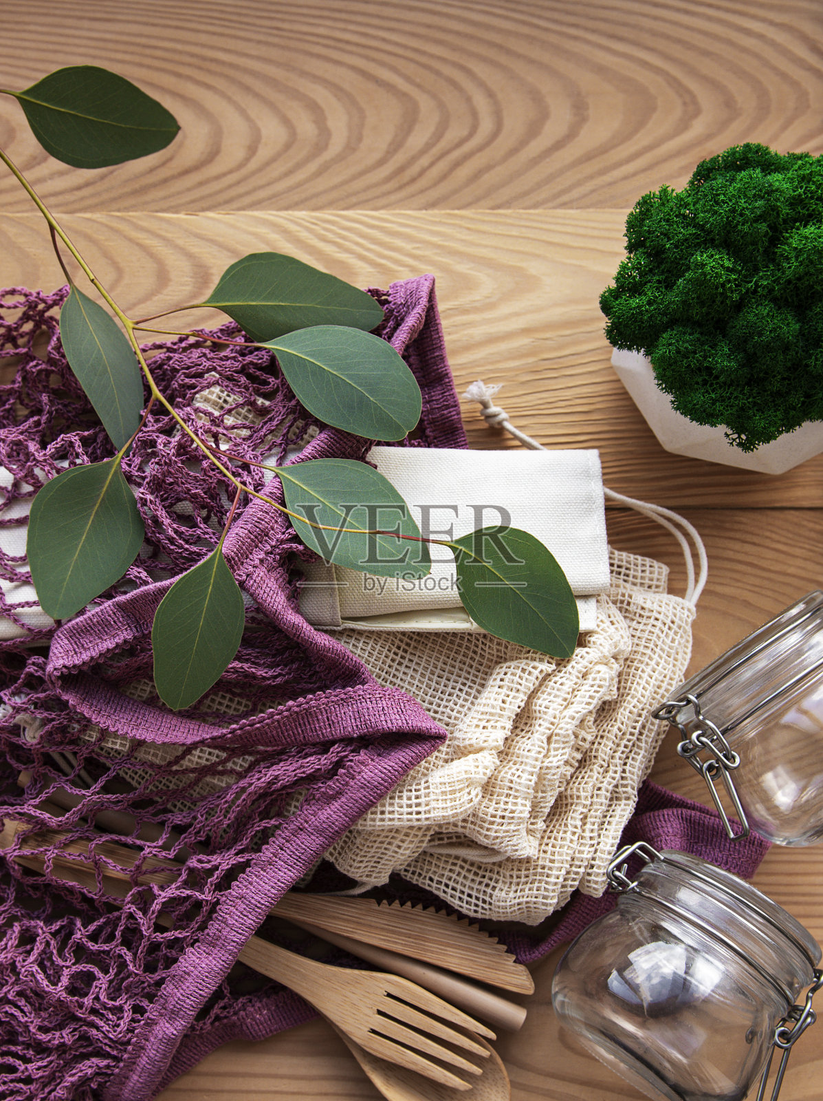 网袋，棉袋和玻璃罐照片摄影图片