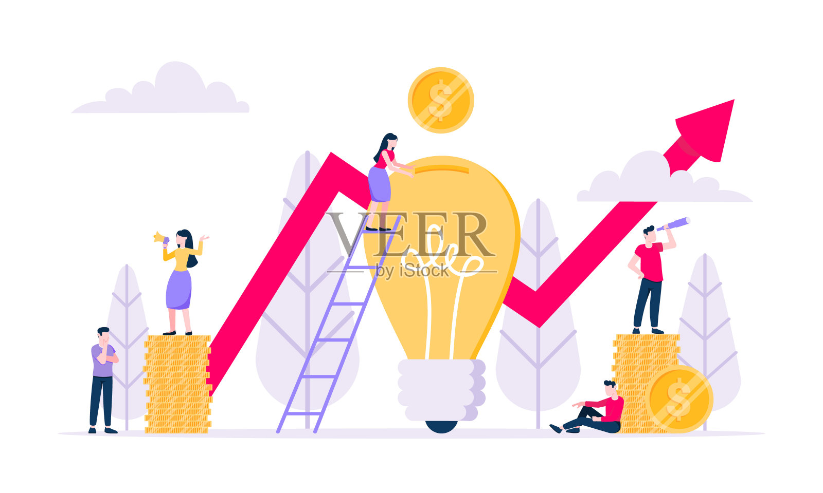 众筹构成筹资的概念。美国硬币货币，灯泡和红色箭头与小人人物平面风格设计矢量插图孤立的白色背景。设计元素图片