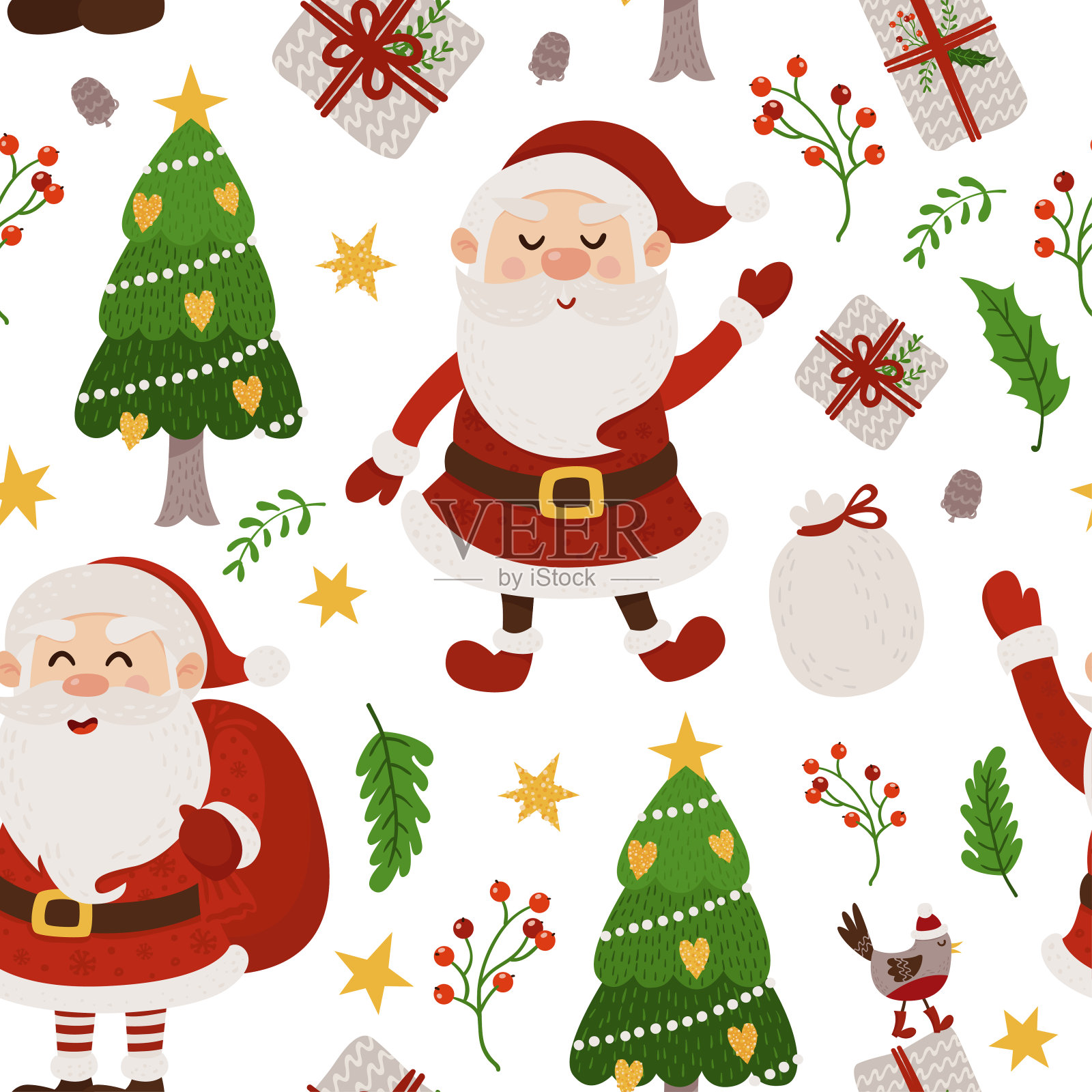 圣诞无缝图案与圣诞老人和圣诞树插画图片素材