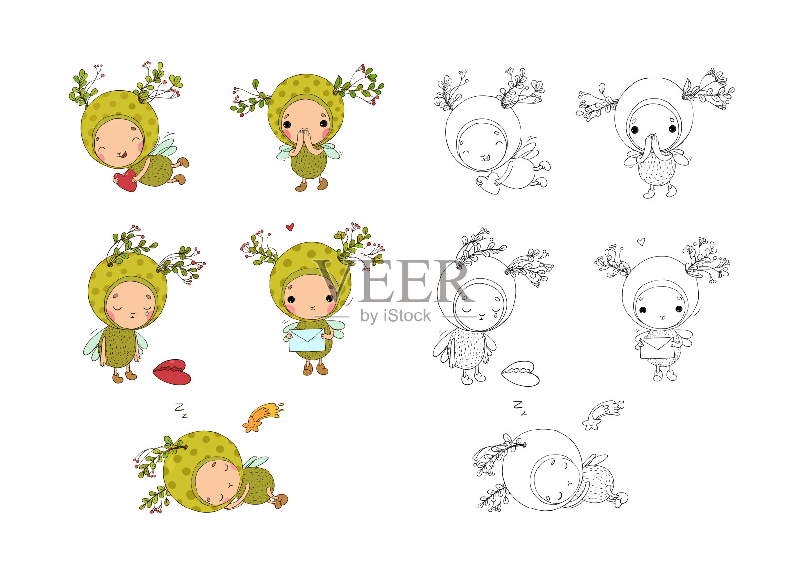 可爱的卡通森林精灵。快乐的昆虫。绿色飞。小矮人插画图片素材