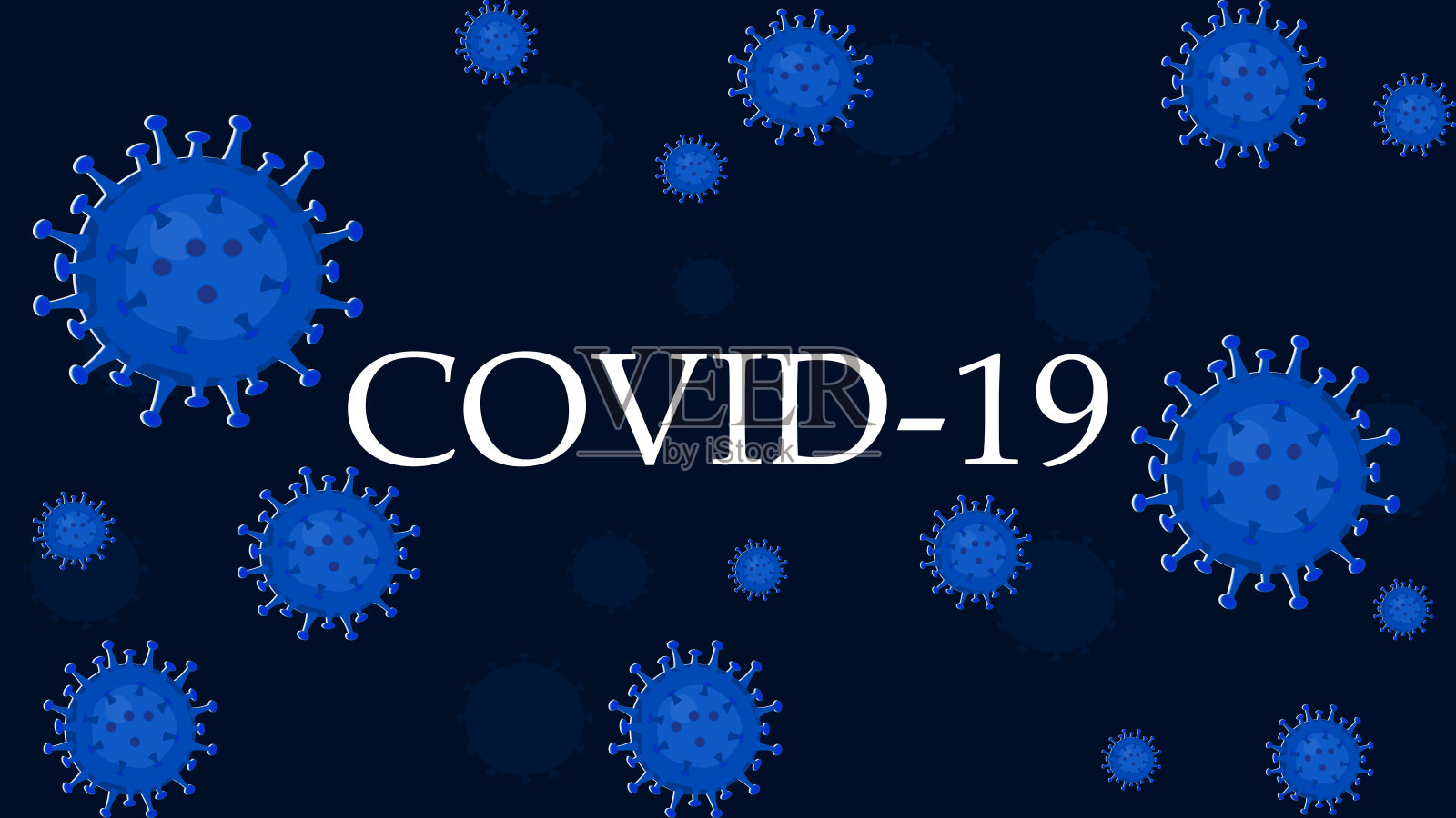 载体蓝色COVID-19或冠状病毒标记在深蓝色背景上。病毒爆发阻止的概念插画图片素材