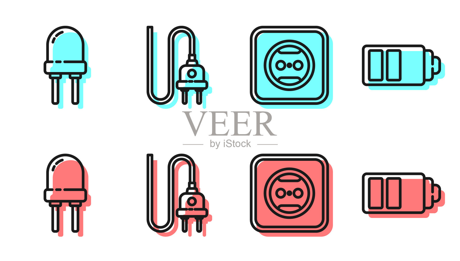 设置电源插座、发光二极管、电插头、电池充电指示图标。向量图标素材