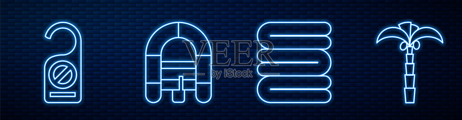 设置线毛巾堆叠，请勿打扰，漂流船，热带棕榈树和日光浴床和伞。砖墙上发光的霓虹灯图标。向量图标素材