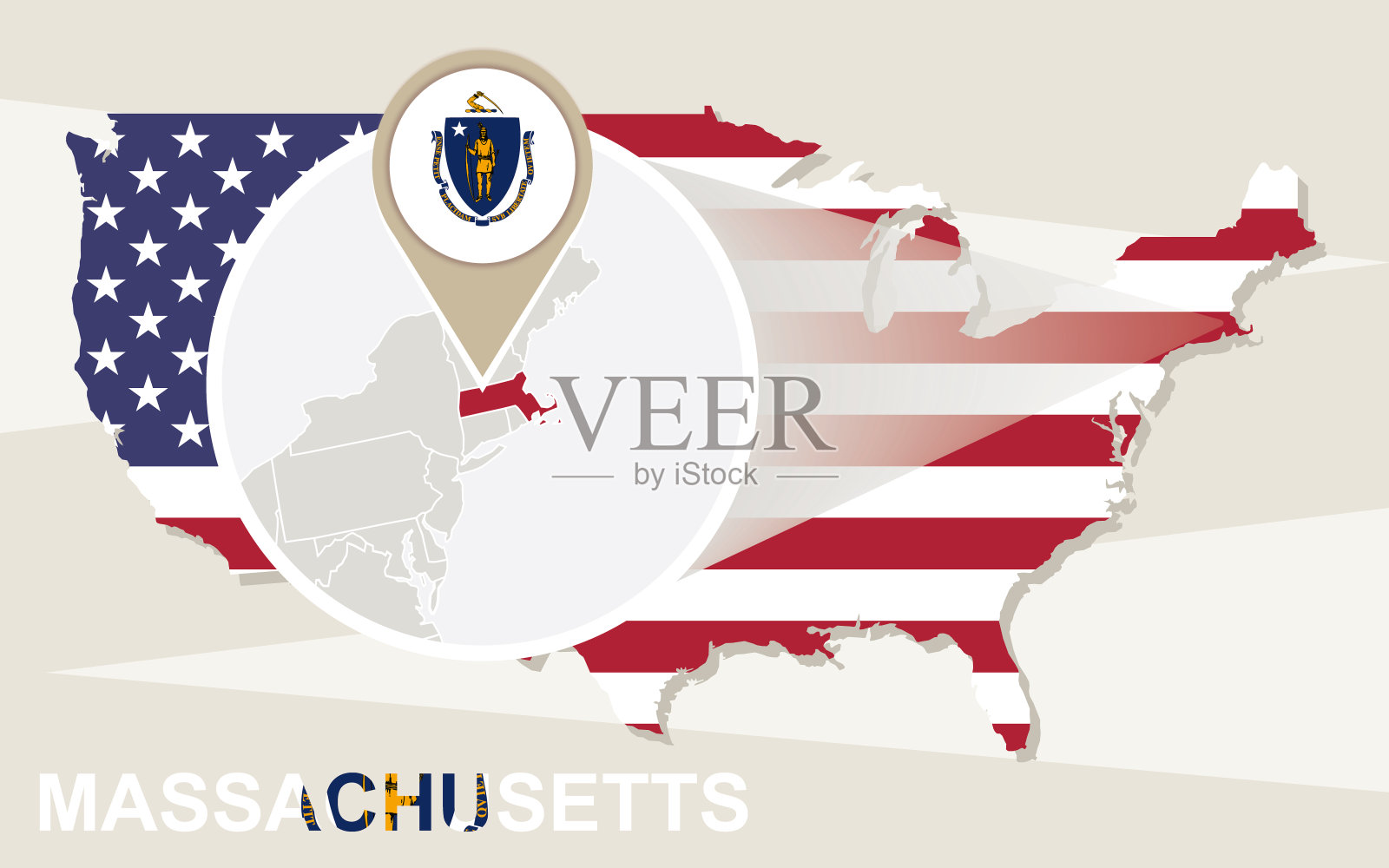 放大的马萨诸塞州的美国地图。马萨诸塞州国旗和地图。插画图片素材