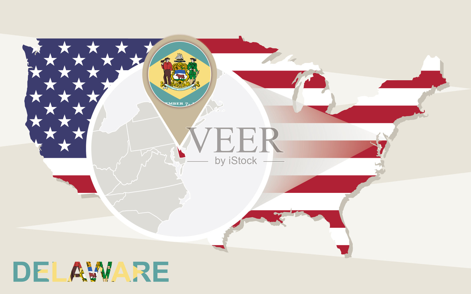 放大的特拉华州美国地图。特拉华国旗和地图。插画图片素材