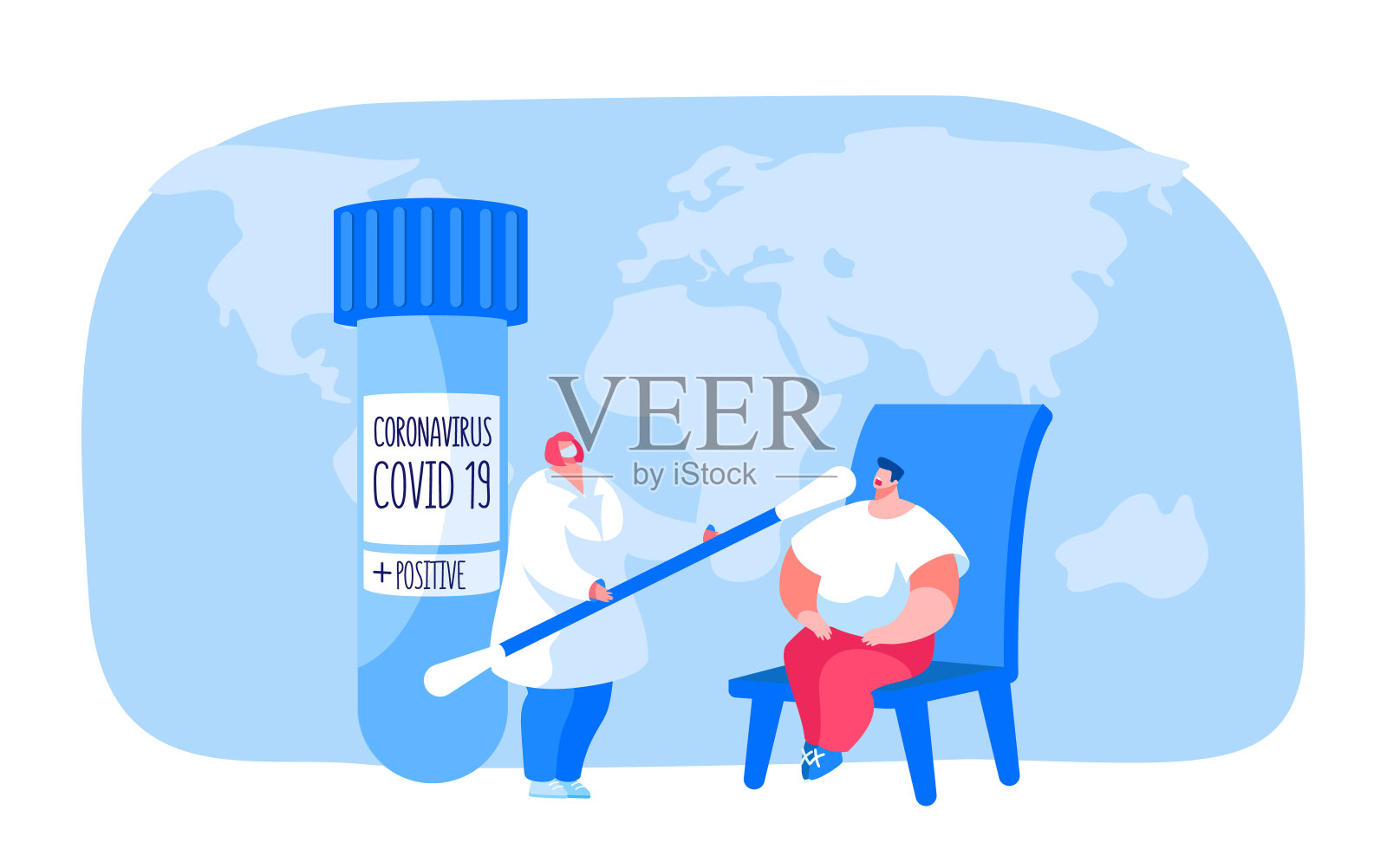 冠状病毒感染测试。喉部取样以确定传染性疾病。医学实验室的医生用棉签对人口腔进行唾液检测。卡通人物矢量插图插画图片素材