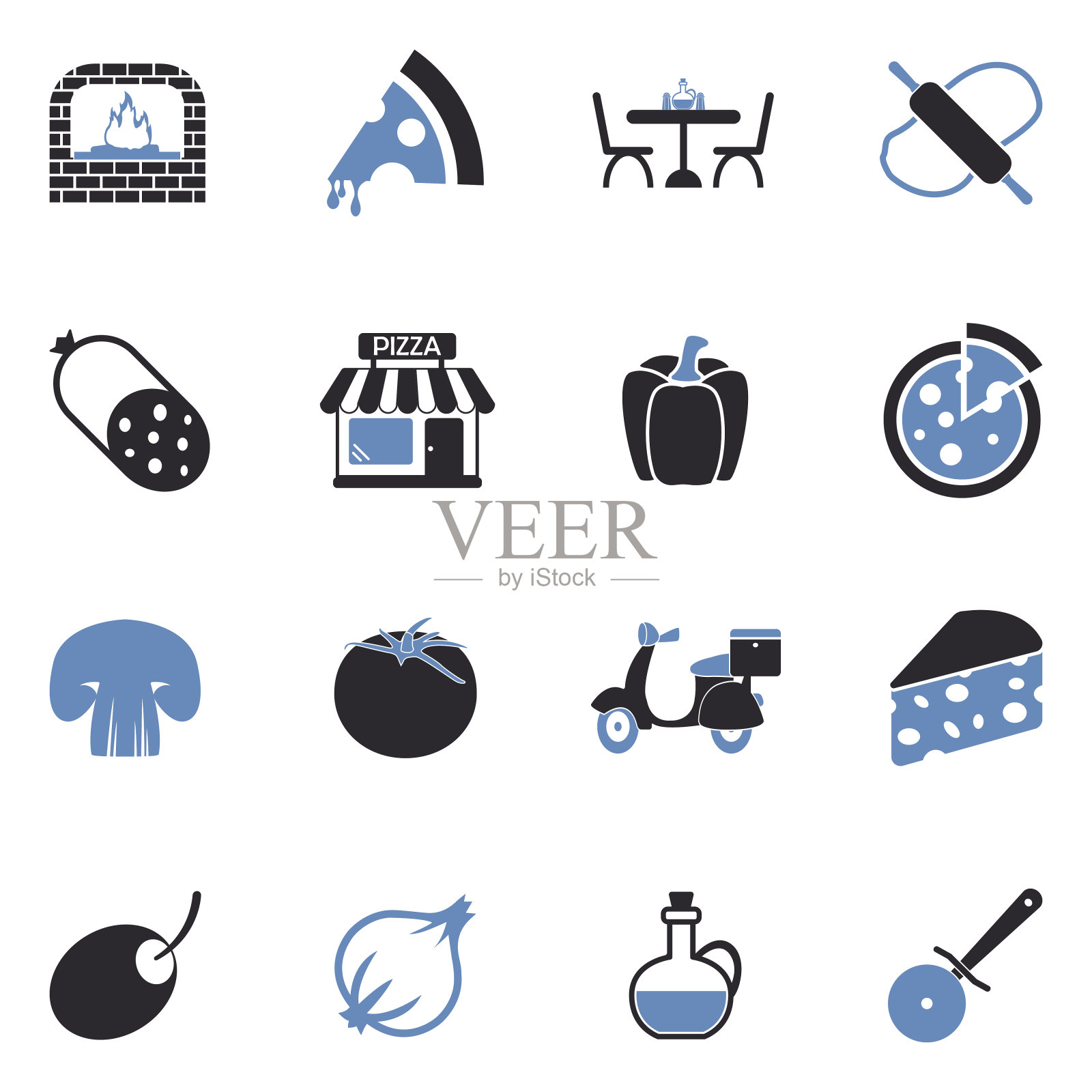 披萨图标。双色调平面设计。矢量插图。图标素材