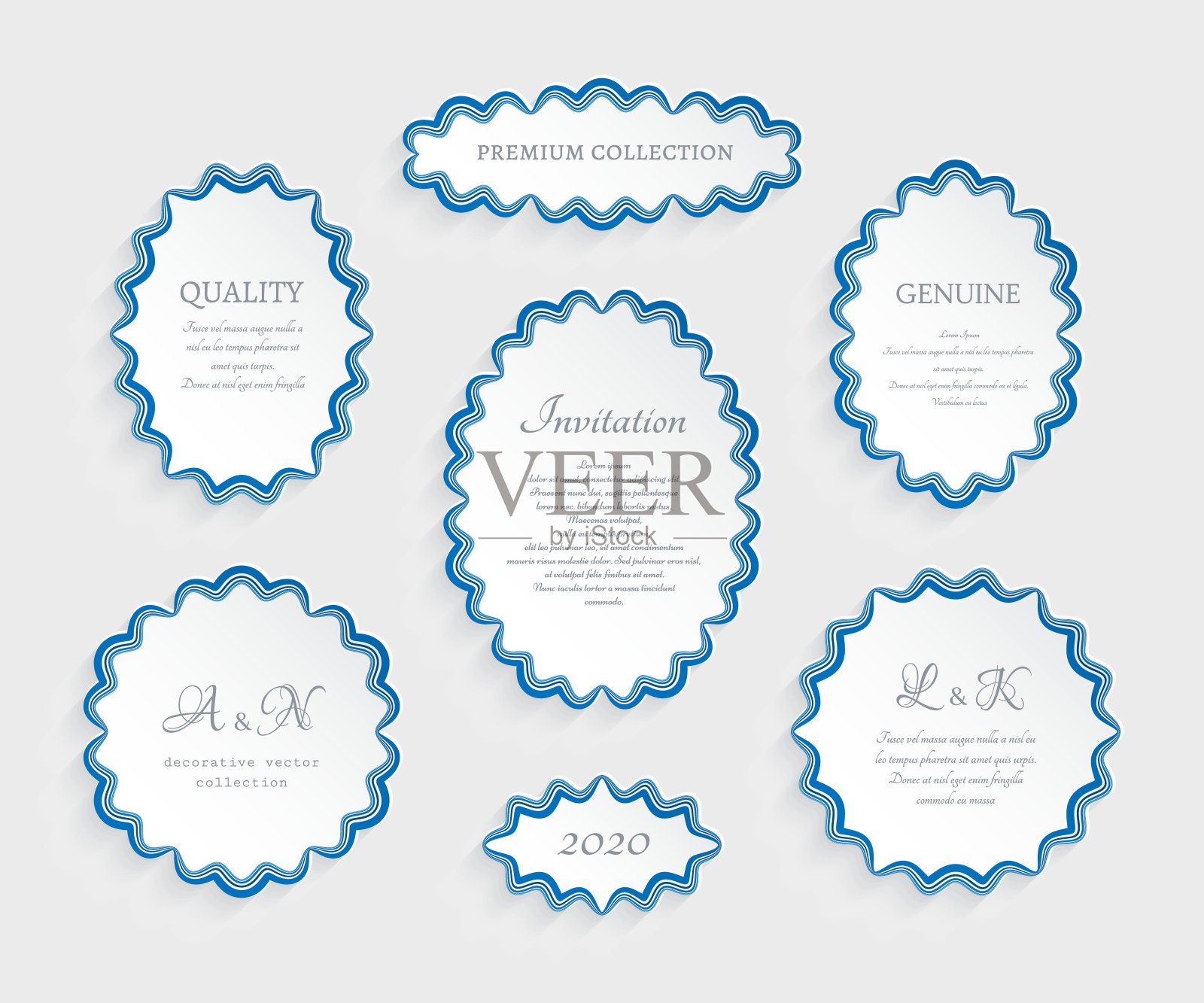 椭圆形和圆形标签与波浪形边界图案插画图片素材