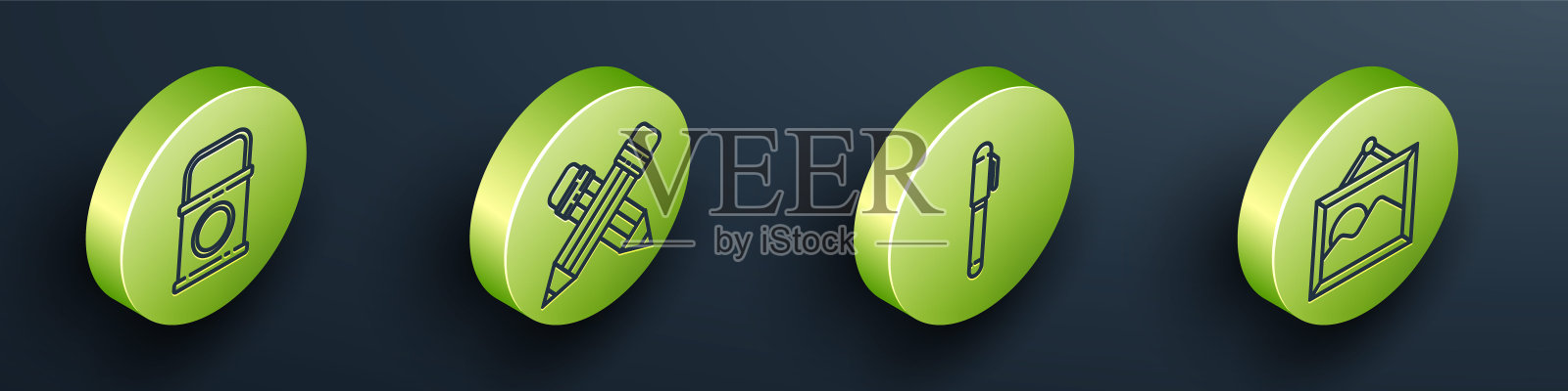 设置等距油漆桶，交叉铅笔与橡皮擦，钢笔和图片景观图标。向量图标素材