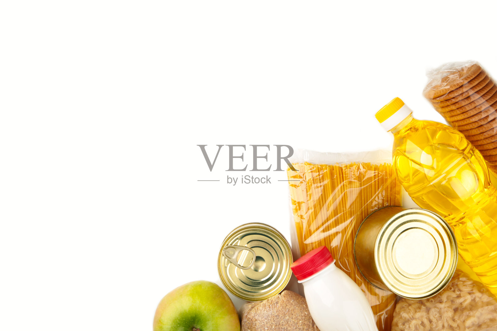 食物捐赠被孤立在白色的背景中。俯视图照片摄影图片