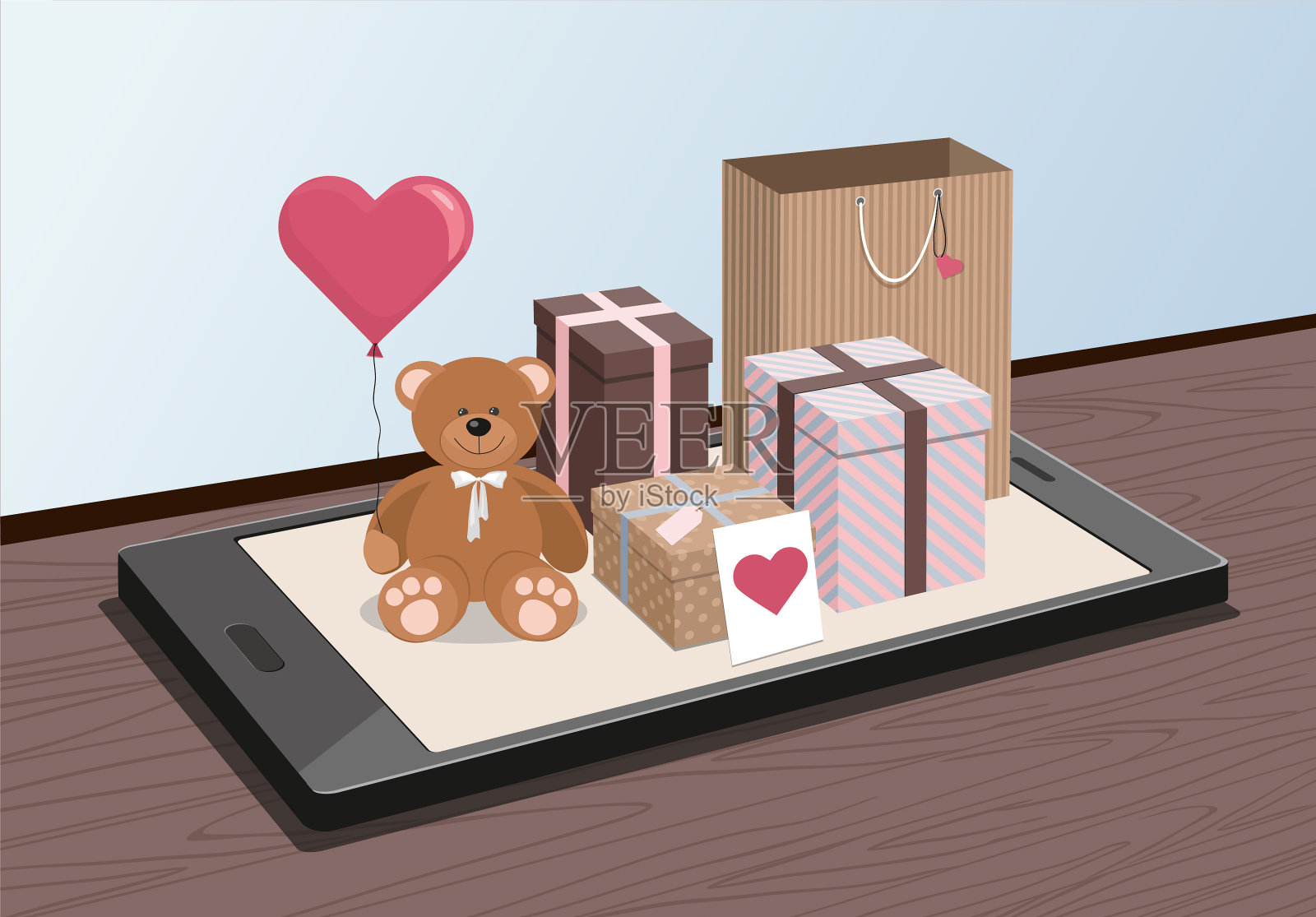 泰迪熊和五颜六色的手机礼物插画图片素材