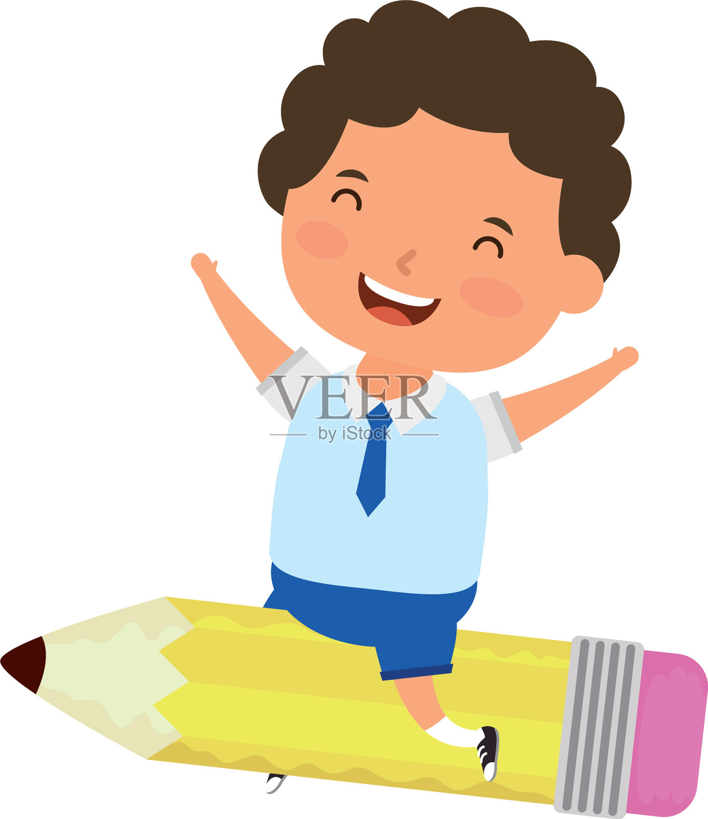 可爱的小学生男孩坐在铅笔设计元素图片