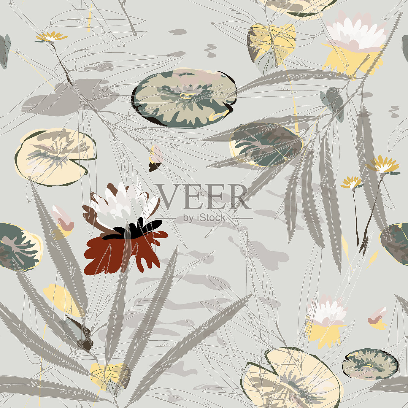 睡莲在米色的背景下叶子上插画图片素材