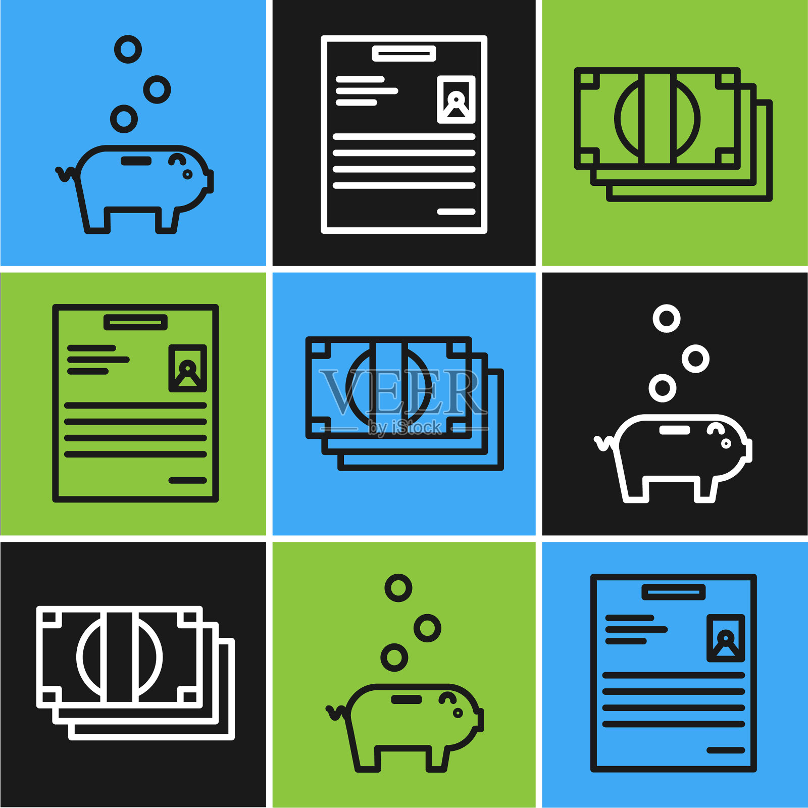 设置线储蓄罐与硬币堆叠纸币插画图片素材