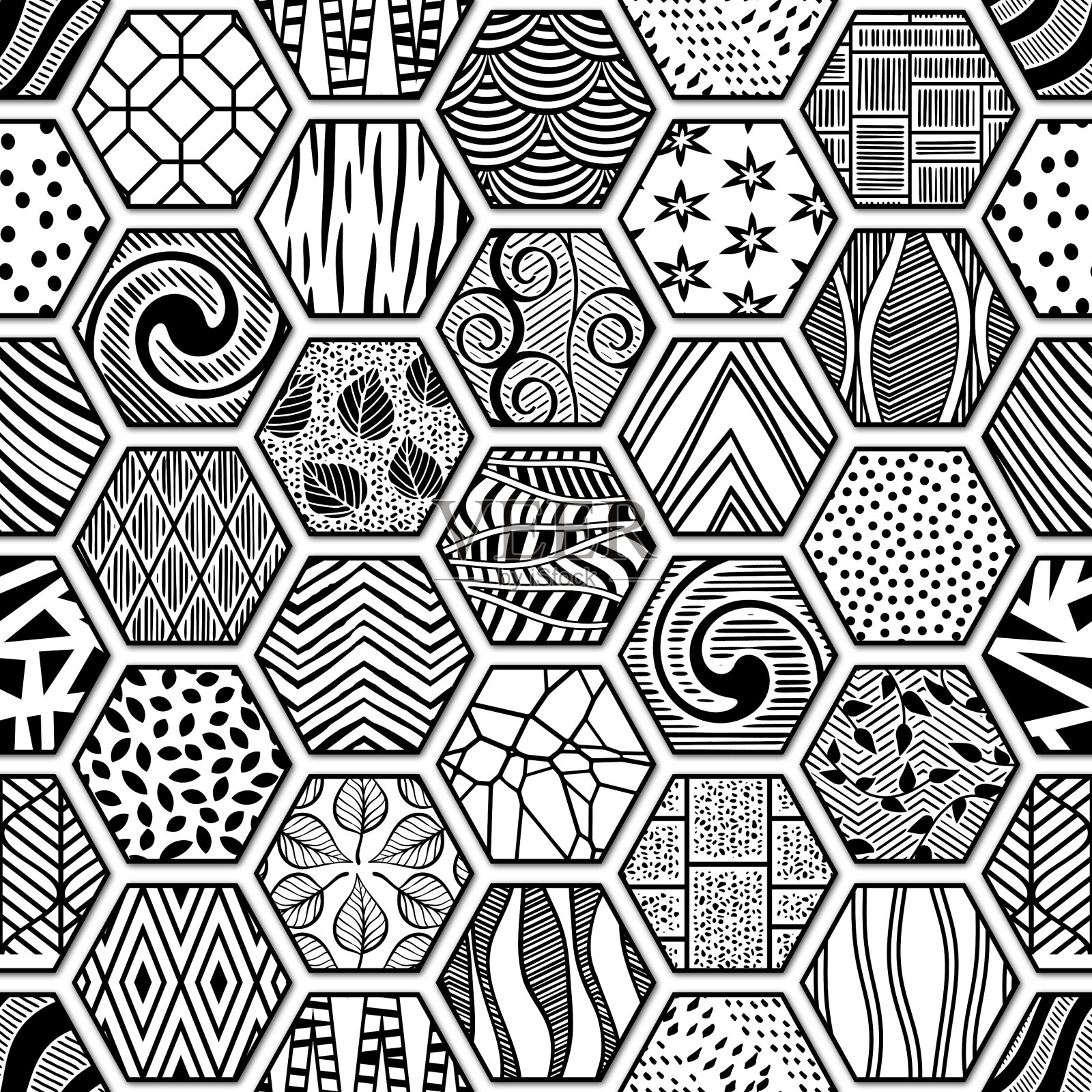 黑白拼接图案六角形瓷砖，3d插图照片摄影图片